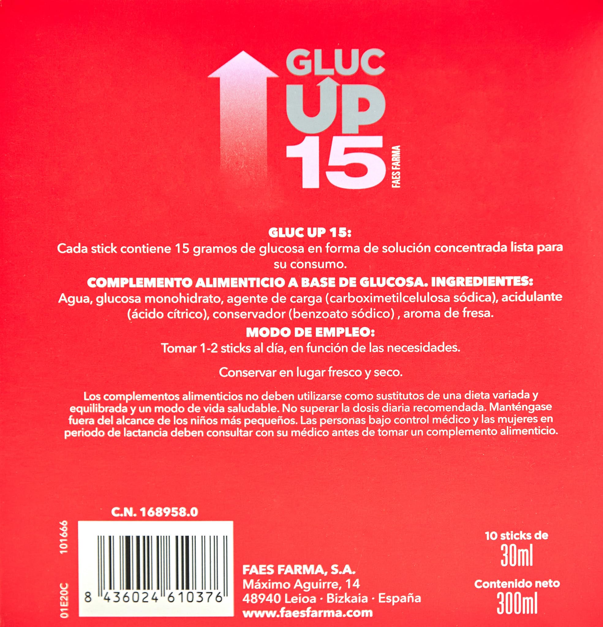 Gluc Up - Gluc Up 15, Complemento Alimenticio a Base de Glucosa, con 15 g de Glucosa, para las Bajadas de Glucosa, Sabor Fresa - 10 Stick de 30 ml