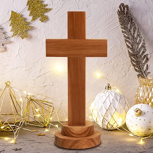 Attivolife Estatua de cruz de madera con soporte, cruz espiritual cristiana de Jesús, regalo religioso para Pascua católica y Navidad, mesa de