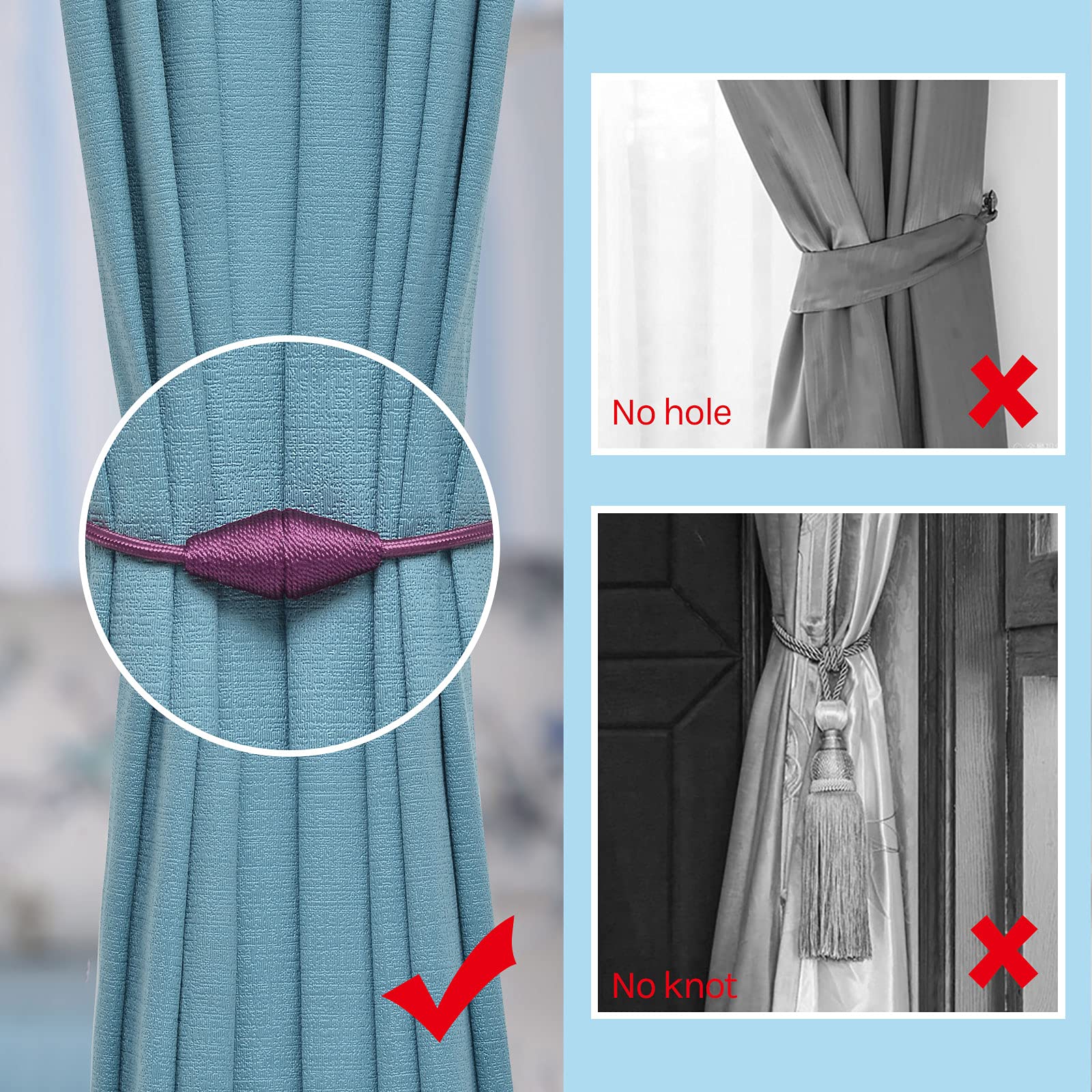 NICEEC 2 Pack Upgrade Magnetic Curtain Tiebacks 16 Inch Handmade Weave Rope Curtain Holdbacks Convenient Decorative Cone Curtain Drape Tie Backs for Home & Office Window Drapery (Purple)