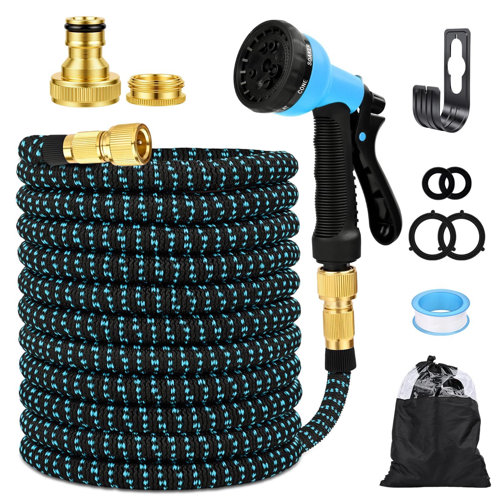 Manguera Extensible 30M/100FT, Manguera de Jardín Extensible Pistola de Riego con 8 Funciones Pistola Hose Con 3/4" y 1/2" Accesorios de aleación de zinc. el Riego de Plantas Hortícolas (Azul)