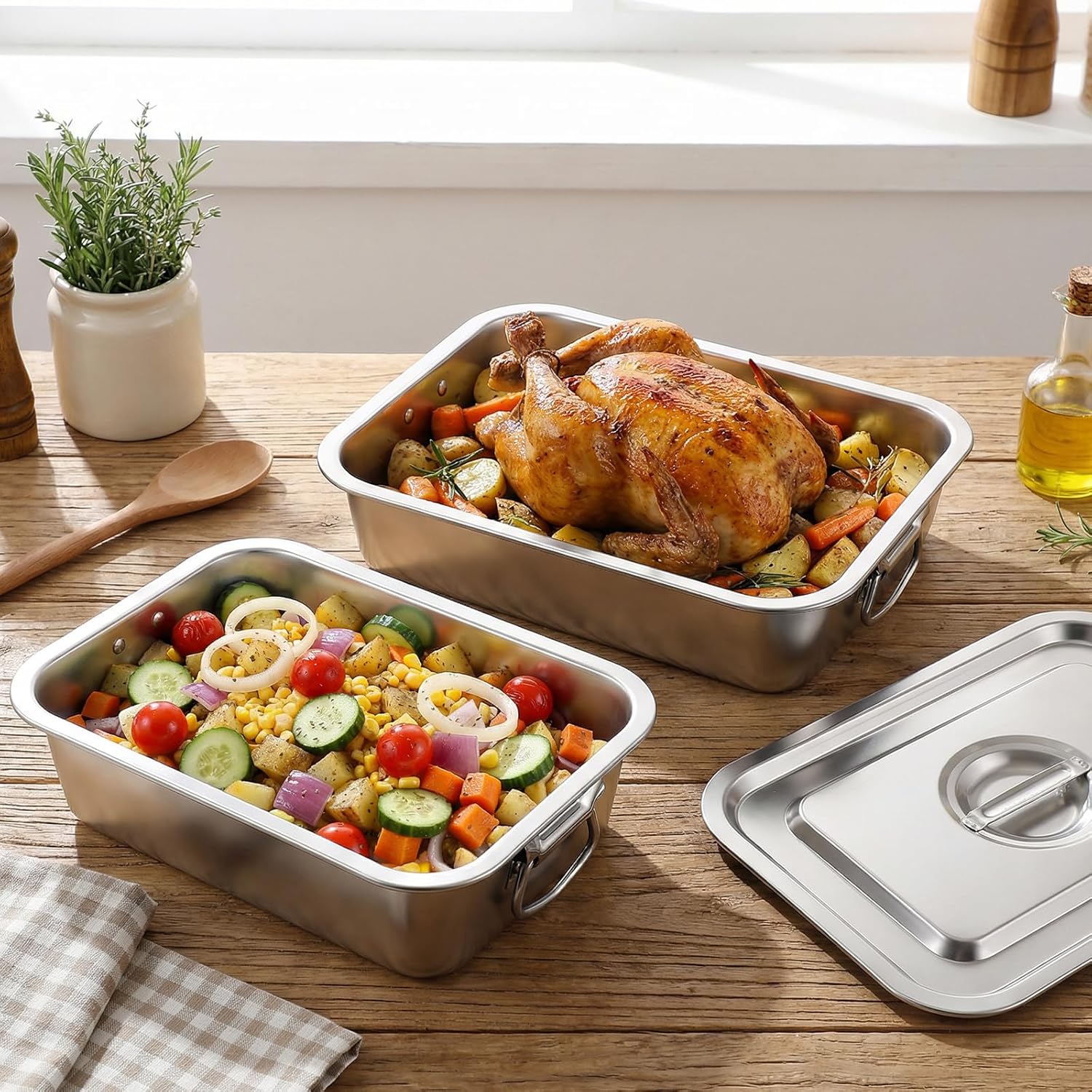 4 Inch Extra Deep Lasagna Pan with Lid and Handles, 15.7x11.8 Inch Stainless Steel Large Baking Dish Tray, Nonstick Lasagna Baking Thick Metal Roasting Pan for Casserole Brownie Turkey