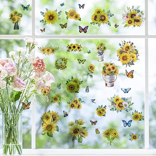 Miniatura 5 de CRASPIRE 8 hojas de 8 estilos de calcomanías de girasol para ventana con temática de primavera y verano, calcomanías de mariposa para ventana,