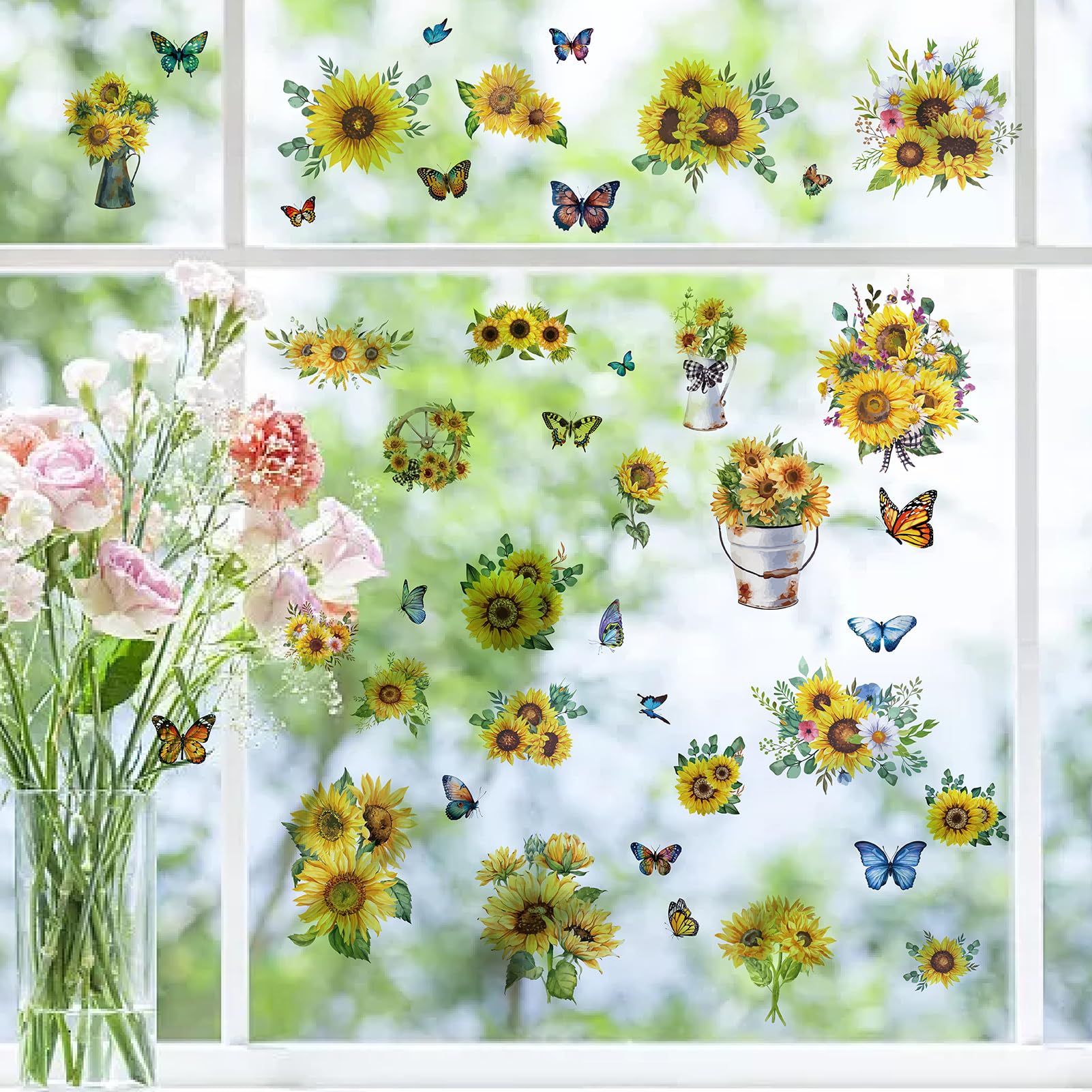 8 Autocollants Fenêtre Tournesol Papillon - Printemps/Été - PVC Réutilisable - Pour Décoration
