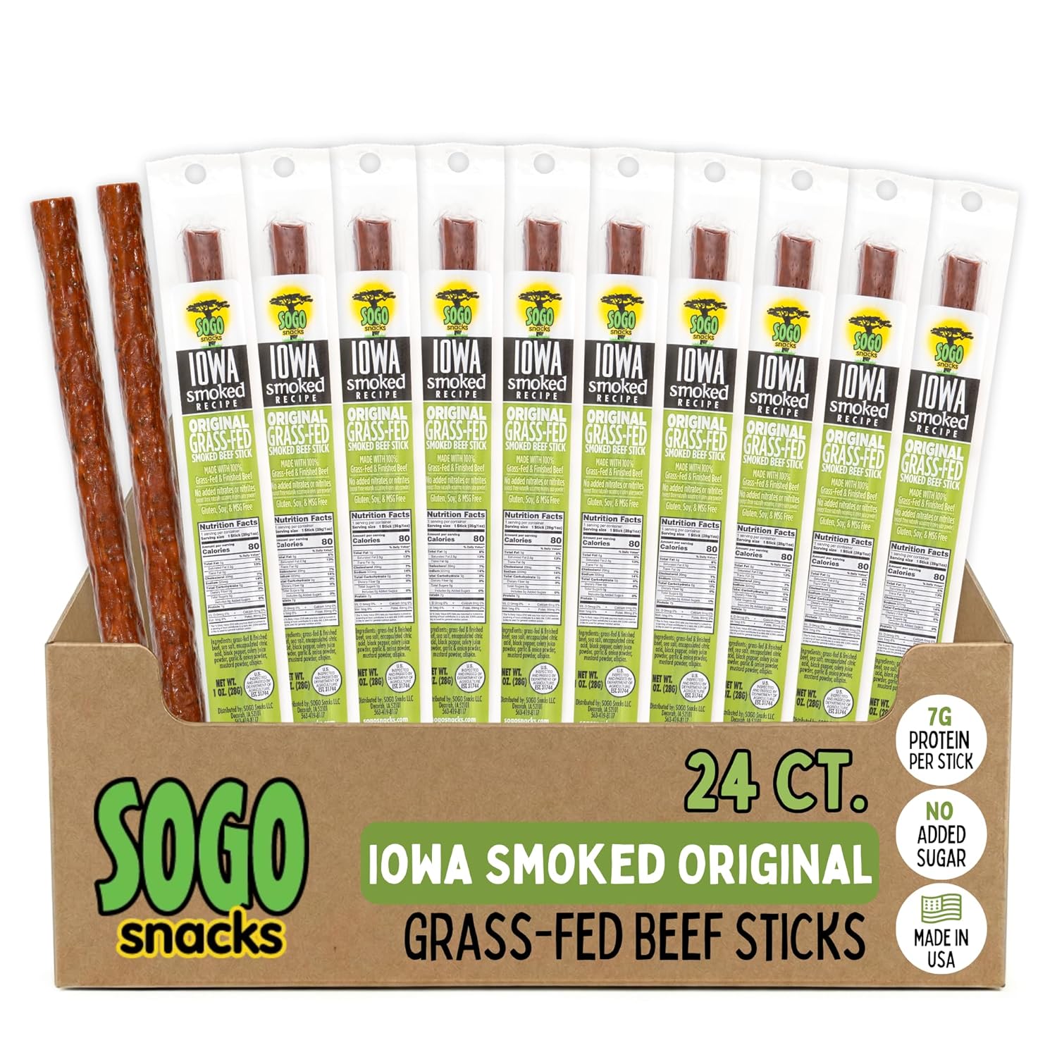 Original - Iowa Smoked Recipe, Sogo Snacks, Sugar Free Beef Jerky, Non-GMO Grass Fed Beef Sticks. No Nitrates, Gluten, Soy, MSG, Dairy, or Nuts. Paleo, Whole30, & Keto Snack (Original-ISR, 24 Cnt)