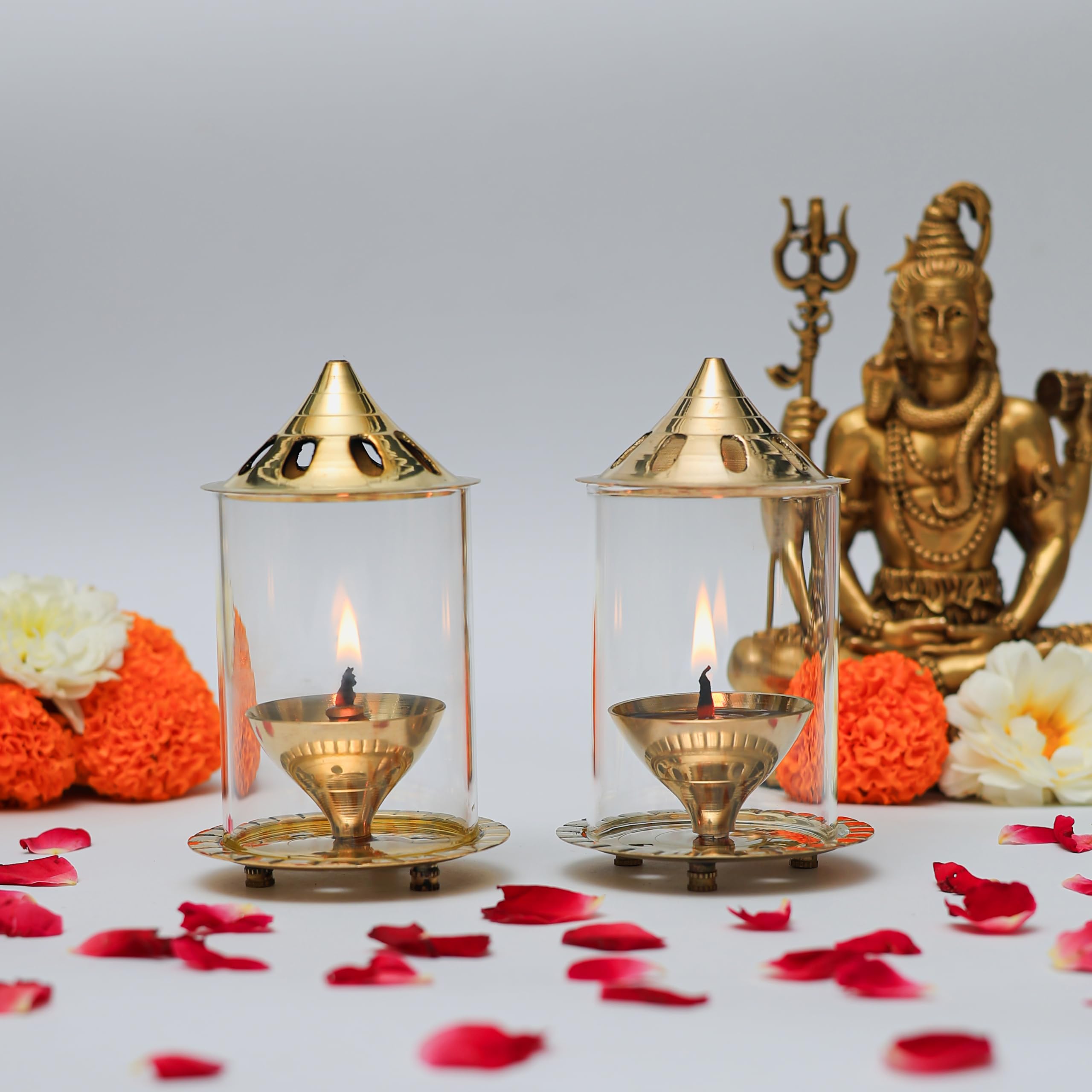 Klassic Navjyoti 4 Inch Small Diya with Borosilicate Glass Shade for Mandir, Decorative Brass &Glass Oil Lamp Lantern Diya with Glass Cover for Prayers, Cylindrical Borosilicate Glass Diya(Pack of 2)-image-19