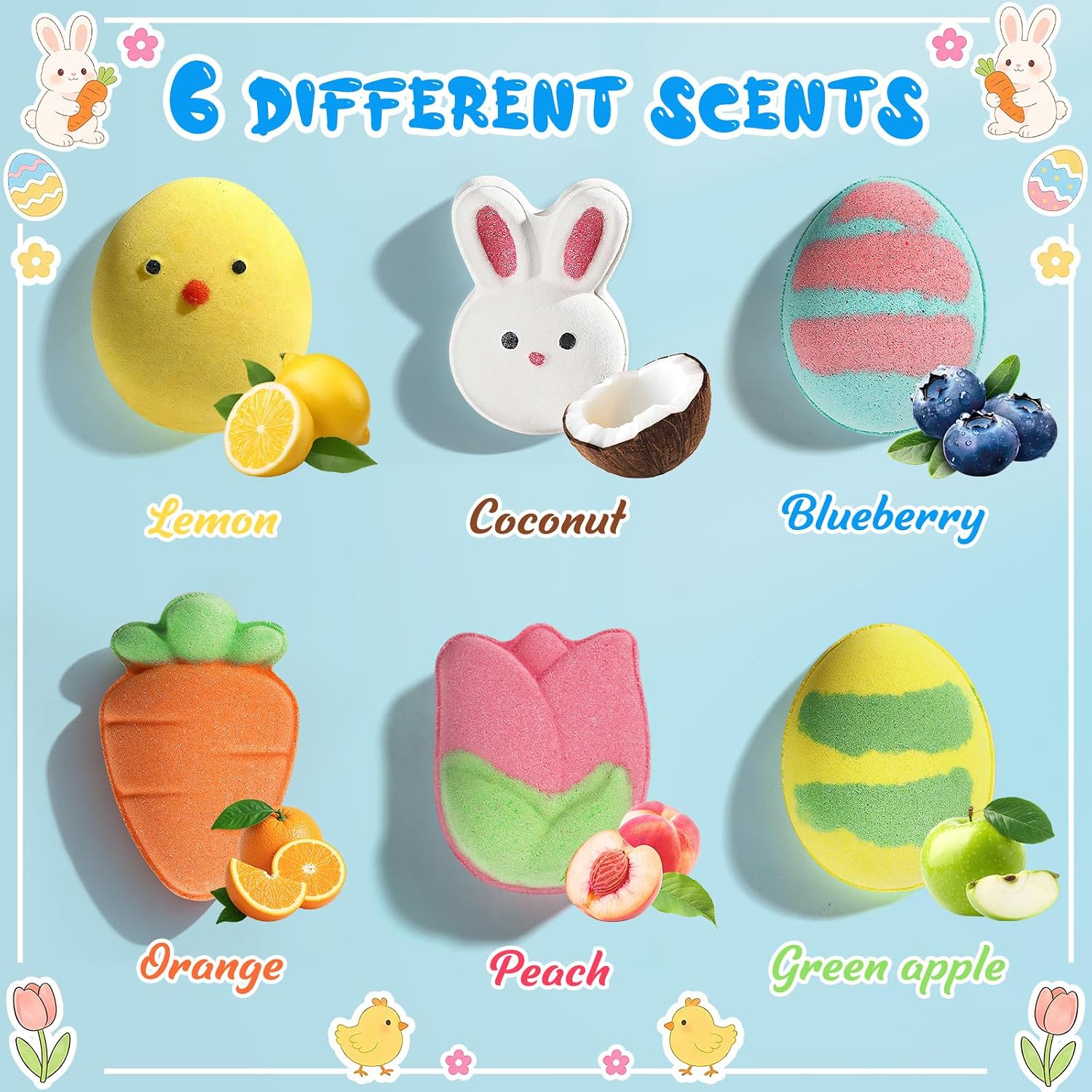 Bath Bombs for Kids - Easter Basket Stuffers for Toddlers Baby Girls Boys, 6Pcs Natural Egg Bunny Carrot Shaped Kids Bubble Bath Party Favors Gifts