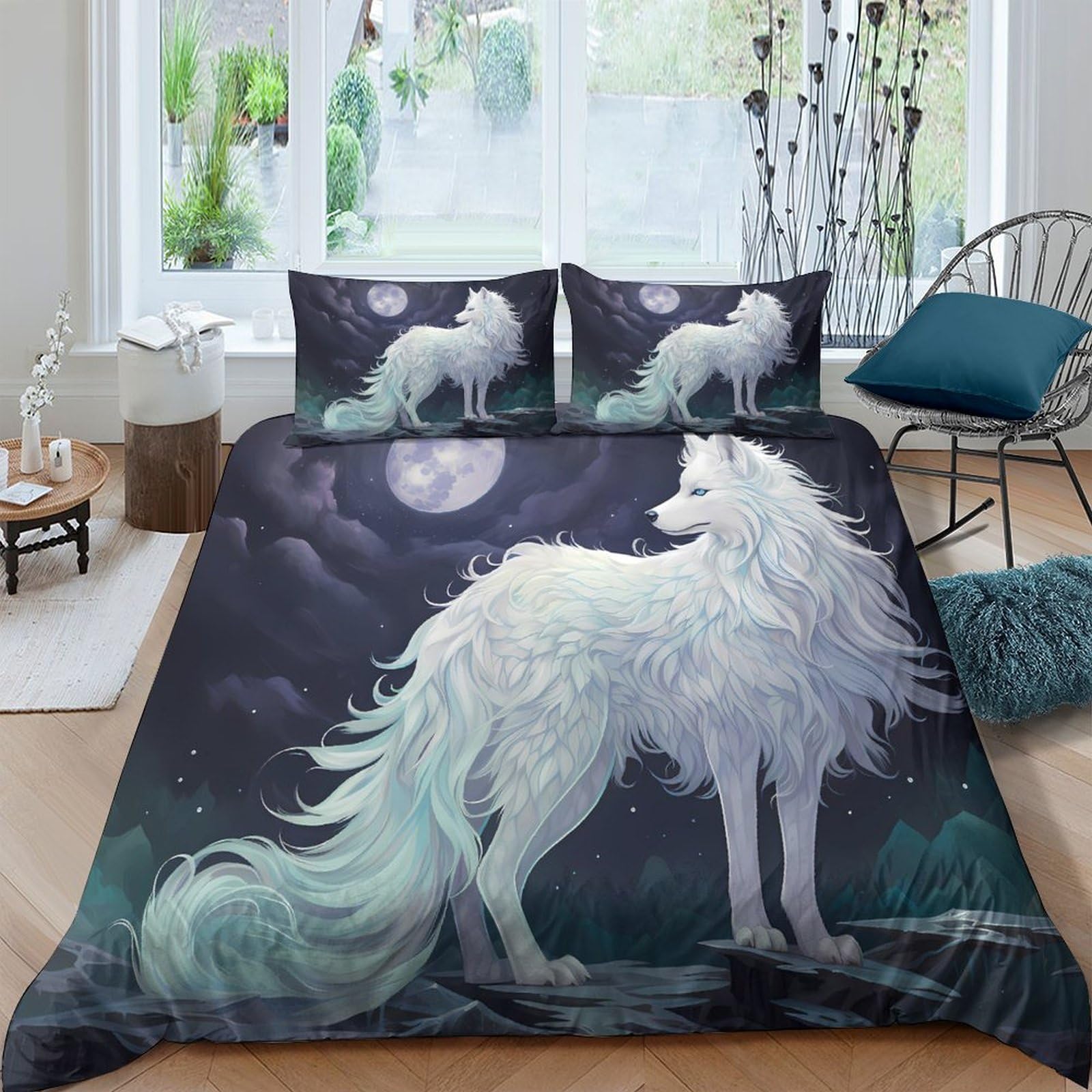 Ctjqhvkz Style-3 3D Printed Moonlit White Wolf Fitted Sheet Microfiber Soft Breathable Forest Night Bed Cover For Bedroom Decor Single（135X200cm）
