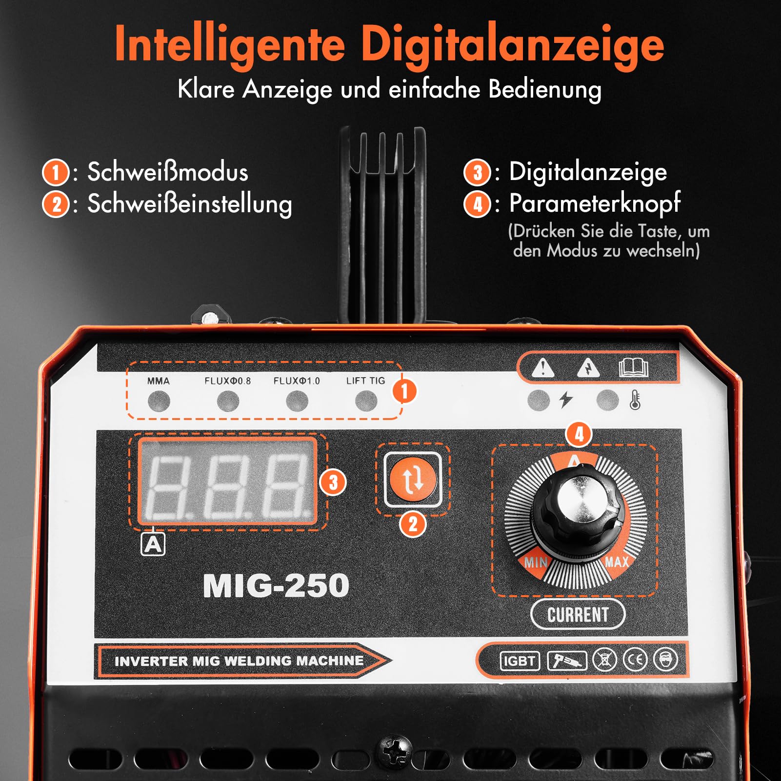 3-In-1 Fülldraht Schweißgerät MIG Schweißgerät mit ARC/Flux MIG/MMA Lift WIG, Fülldrahtschweißen 0,8 mm&1 mm, mit Synergischem Drahtvorschub, IGBT Inverter Schweissgerät LED-Anzeige