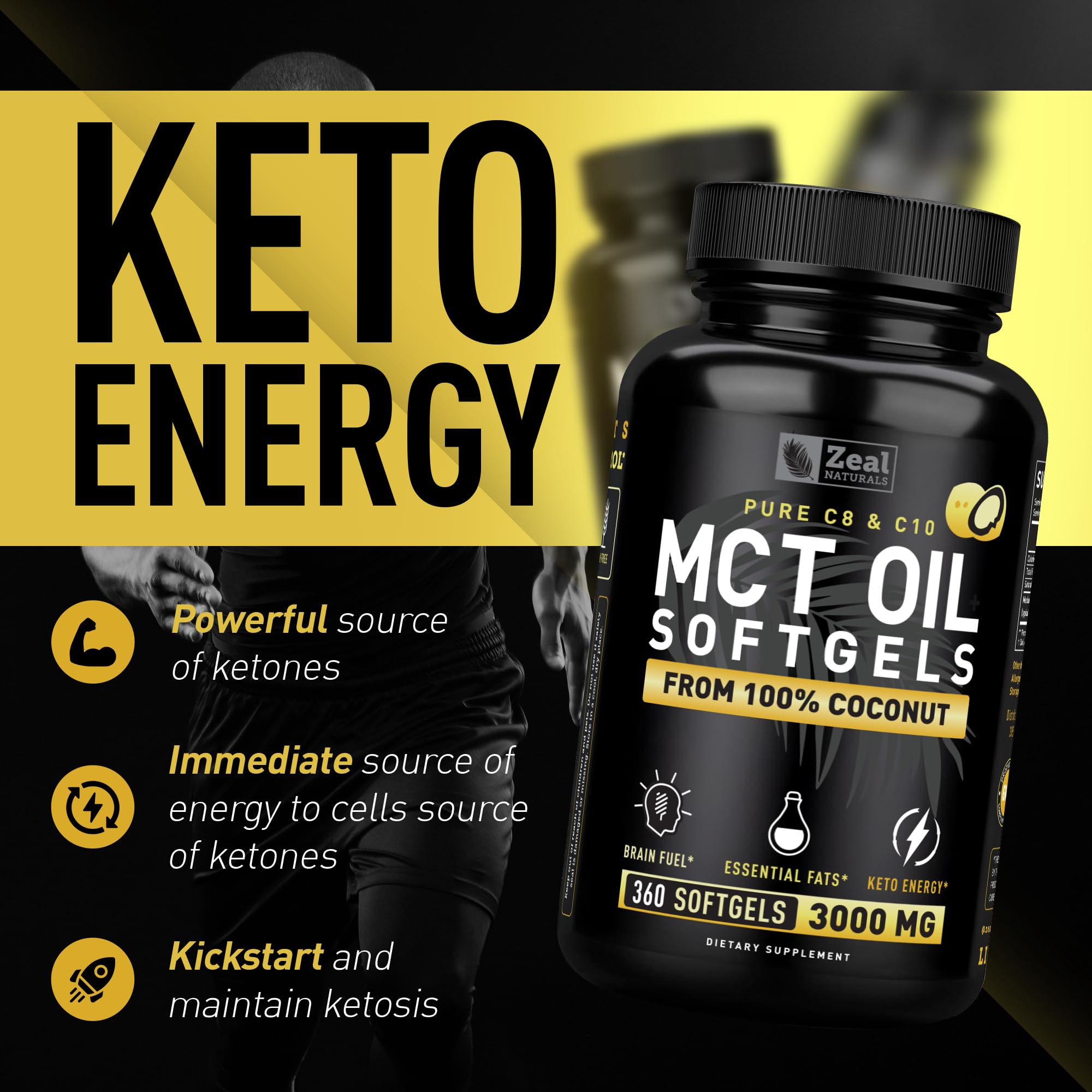 Zeal Naturals Pure MCT Oil Capsules - 3000mg, 360 Softgels |C10, C8 MCT Oil Unrefined Coconut | Energy Support & Brain Fuel Supplement | Gluten-Free — Amazon image 3