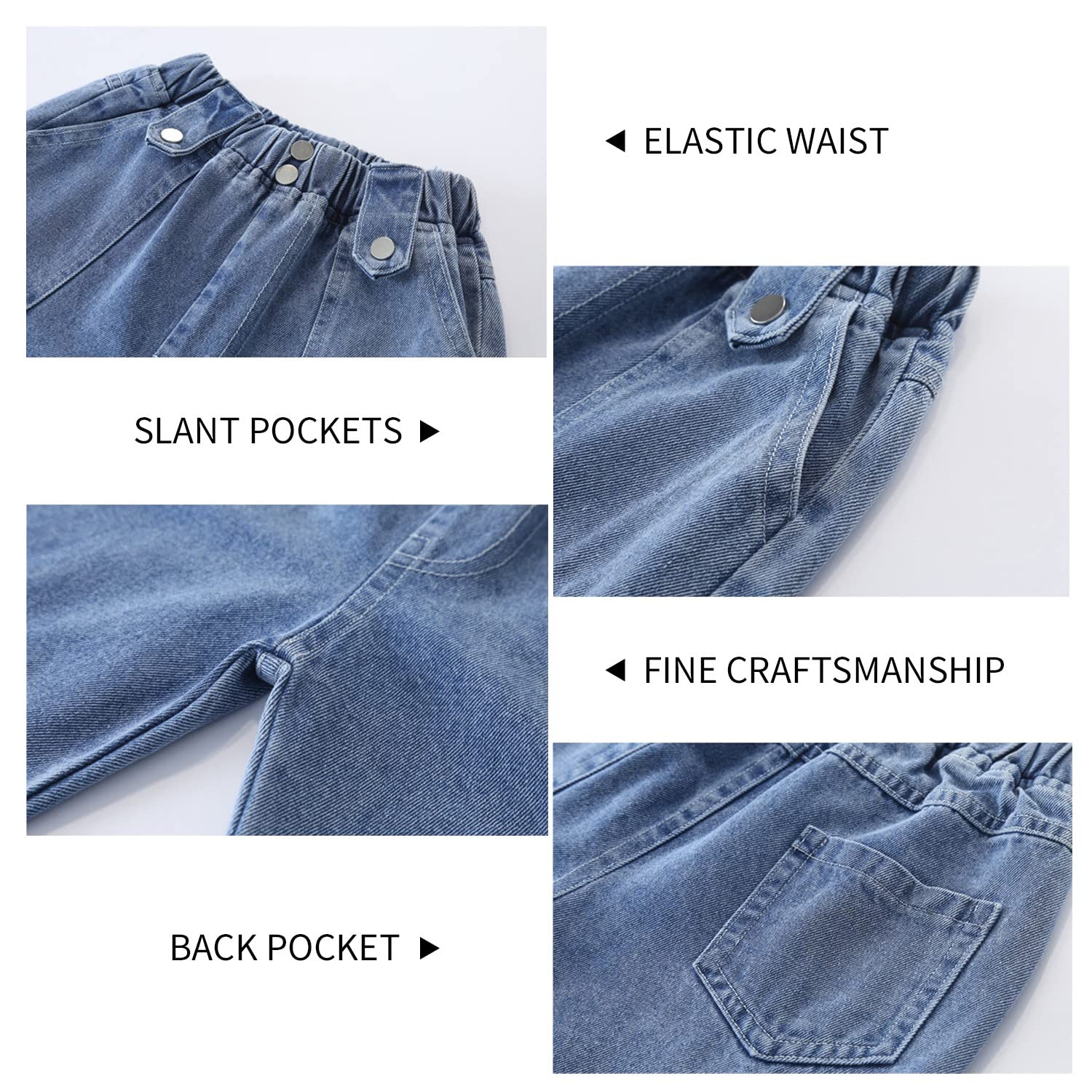 Rolanko Jeans Baggy pour Filles Pantalon en Denim Patchwork à Taille Élastiquée