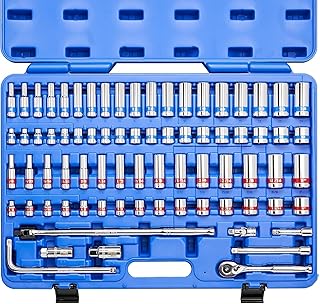 Neiko 02472A 3/8-Inch-Drive Colored Mechanics Tool Ratchet, Socket Set, 76-Piece Standard and Deep SAE Sizes 1/4" to 1" Metric Sizes 6 mm to 24 mm Made with CrV Steel for Auto Repair