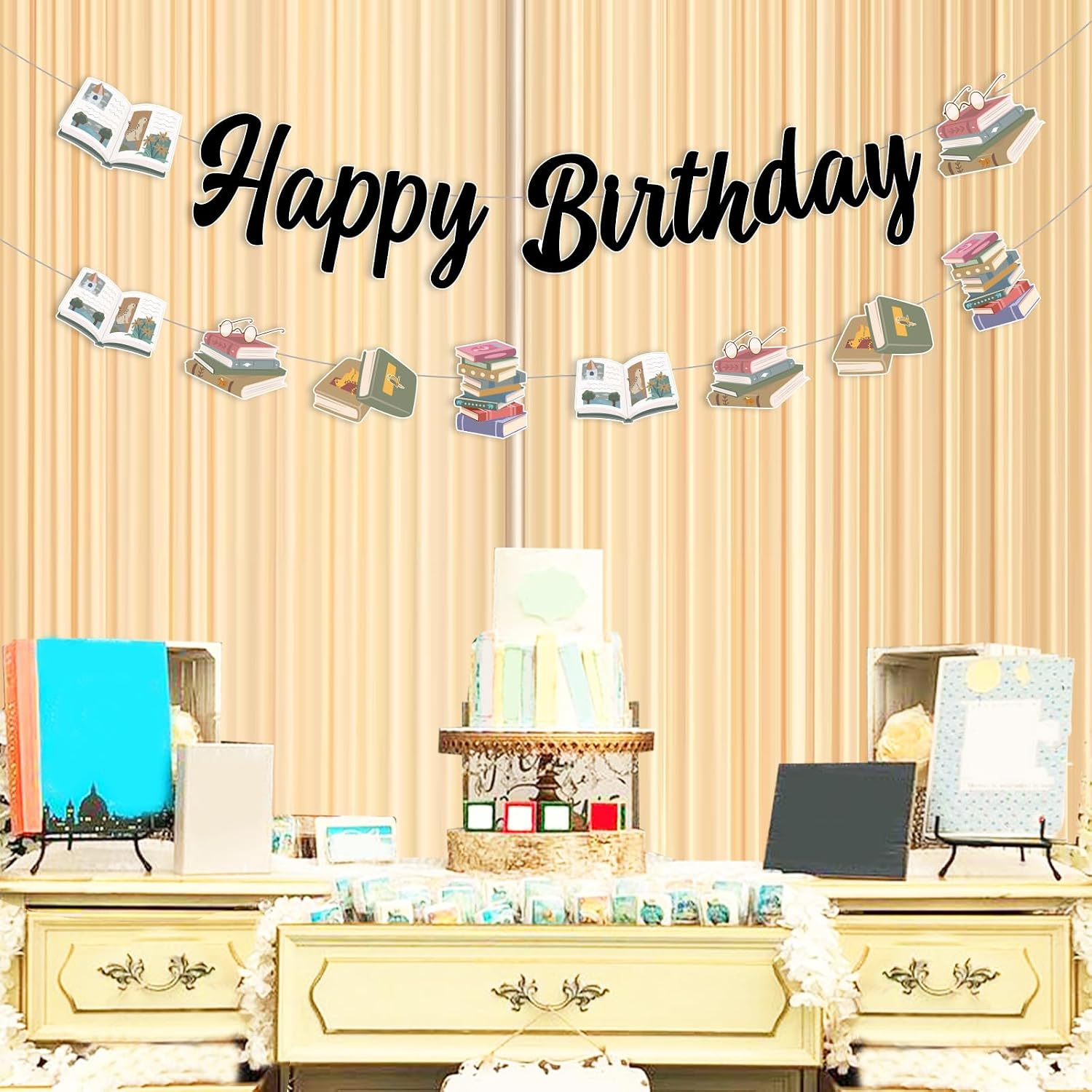 Storybook Birthday Decorations, Book Happy Birthday Banner Sign and Garland, Reading Library Book Club Back to School Theme Bday Party Decor Supplies