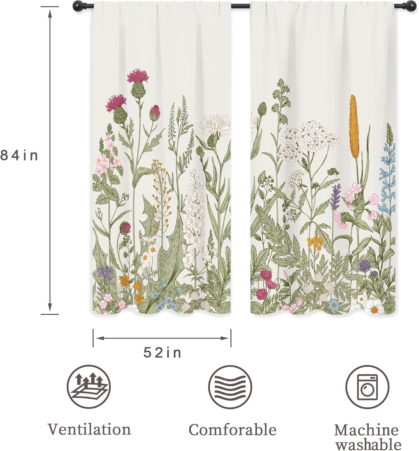 Riyidecor Wildflower Curtains Floral 52 x 84 Inch Green Leaves Botanical Printed Rod Pocket Artwork Wild Flower Plant Ivy Herbs Rustic Living Room Bedroom Window Drapes Treatment Fabric 2 Panels