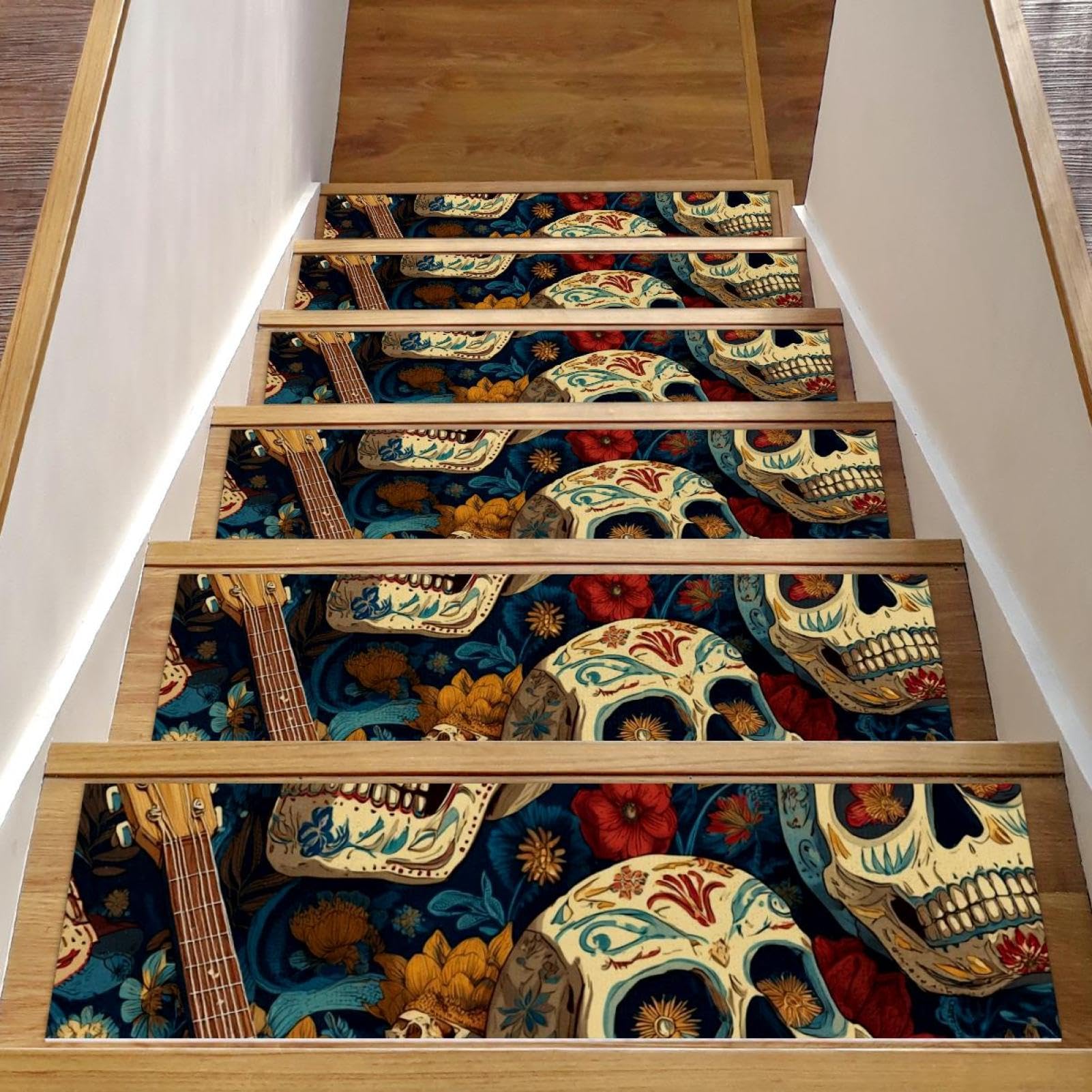 Tapis d'escalier antidérapants sécurisés pour escalier glissant | Motif crânes 15 u.