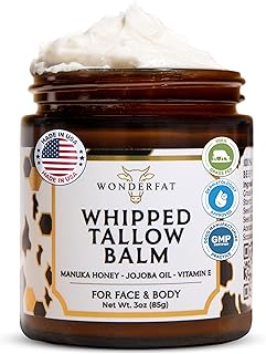 Grass-Fed Whipped Tallow Balm, Face and Body Moisturizer with Manuka Honey, Fragrance Free Tallow Moisturizer for Sensitive Skin, Lightweight Tallow Cream, 3 oz