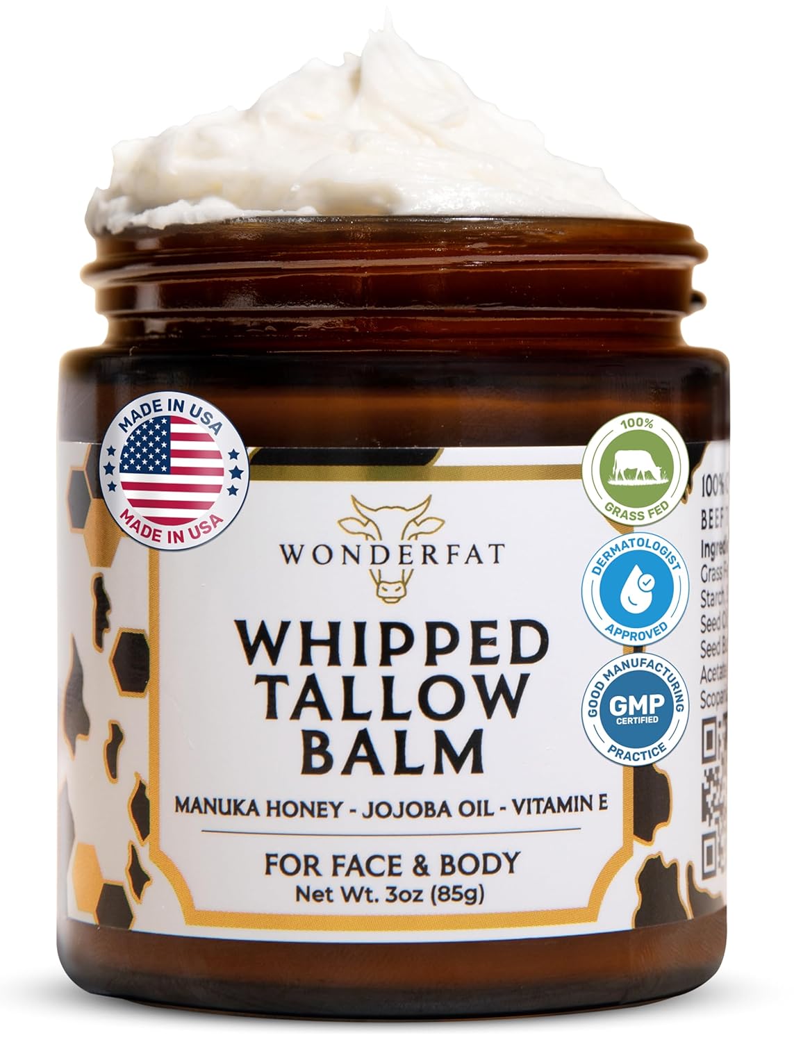 Grass-Fed Whipped Tallow Balm, Face and Body Moisturizer with Manuka Honey, Fragrance Free Tallow Moisturizer for Sensitive Skin, Lightweight Tallow Cream, 3 oz