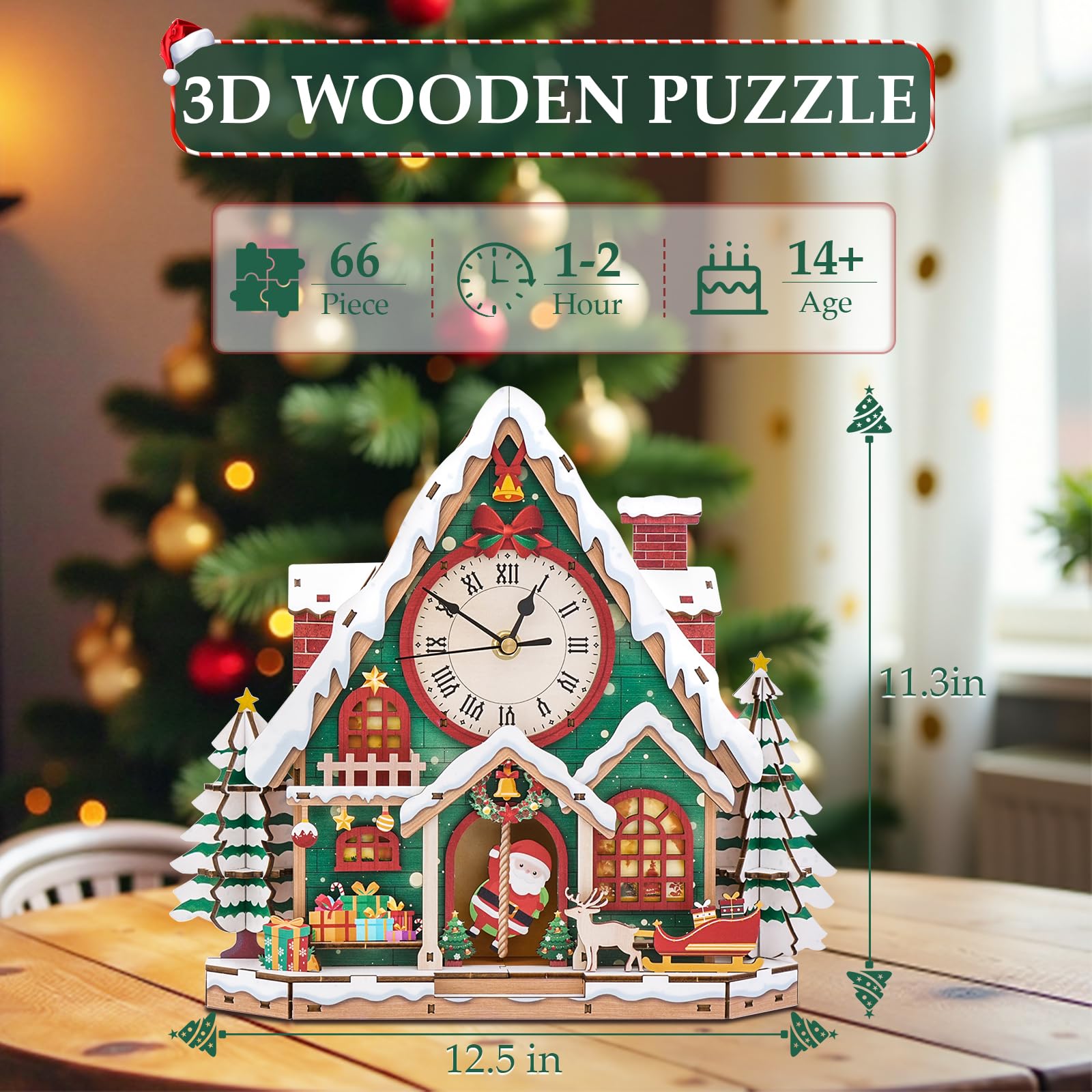Lilcubics 3D Wooden Puzzles for Adults Model Kits Christmas Snowhouse Clock - Image 2