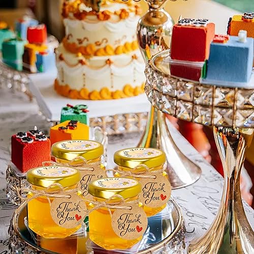 Miniatura 8 de GIVAMEIHF Mini tarros de miel de vidrio de 1.5 onzas, 60 tarros hexagonales de miel, 60 calcomanías de abeja, 60 etiquetas, cuerda de yutes, mini