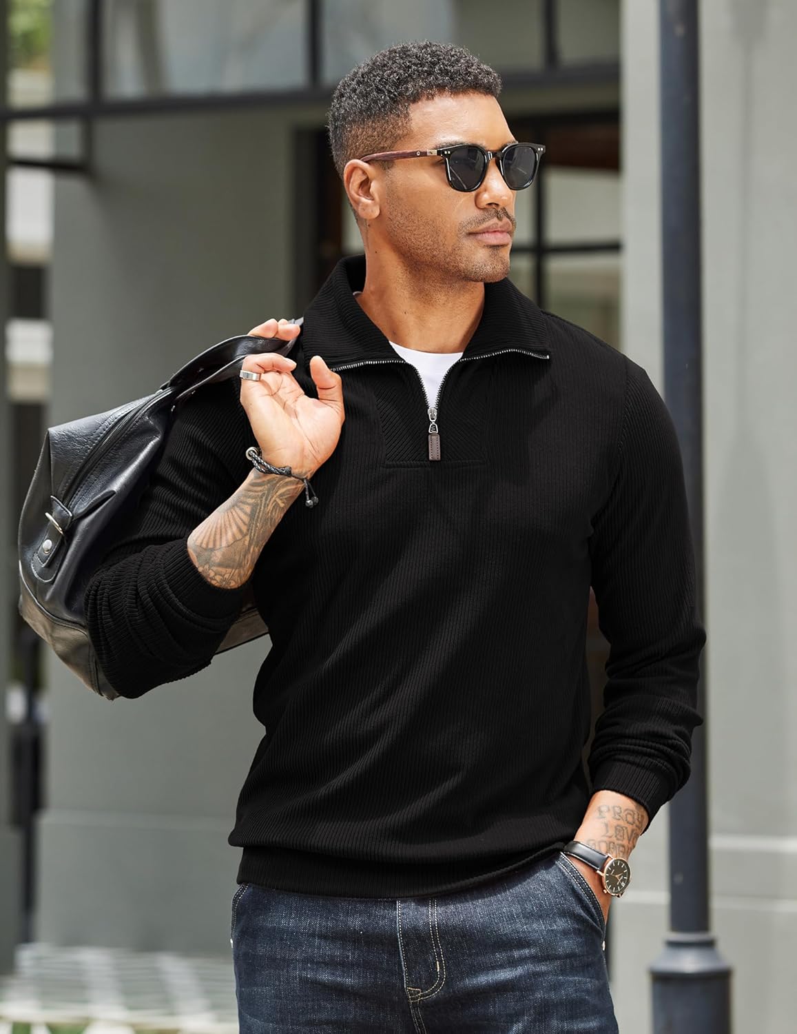 COOFANDY Men's Quarter Zip Up Pullover Mock Neck Long Sleeve Sweater Casual Corduroy Polo Sweatshirt - Image 2