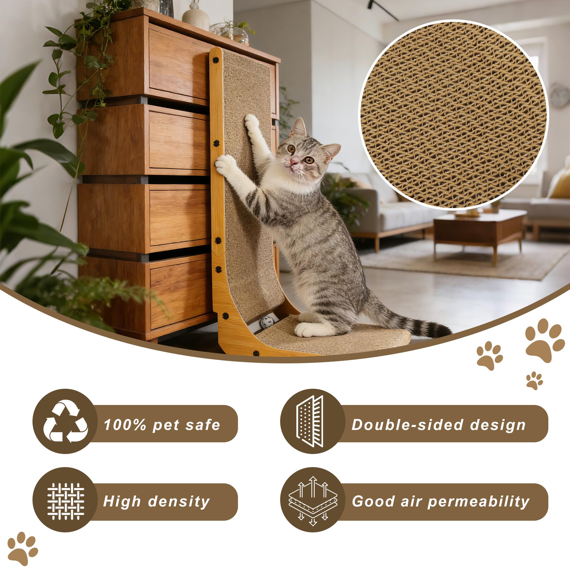 68 cm Tiragraffi Cartone per Gatti a Forma di L, Graffiatoio per Gatti XXL con Palla Giocattolo, Tiragraffi per Gatti Adulti Resistenti, Protezione per Pareti, Angoli e Divani