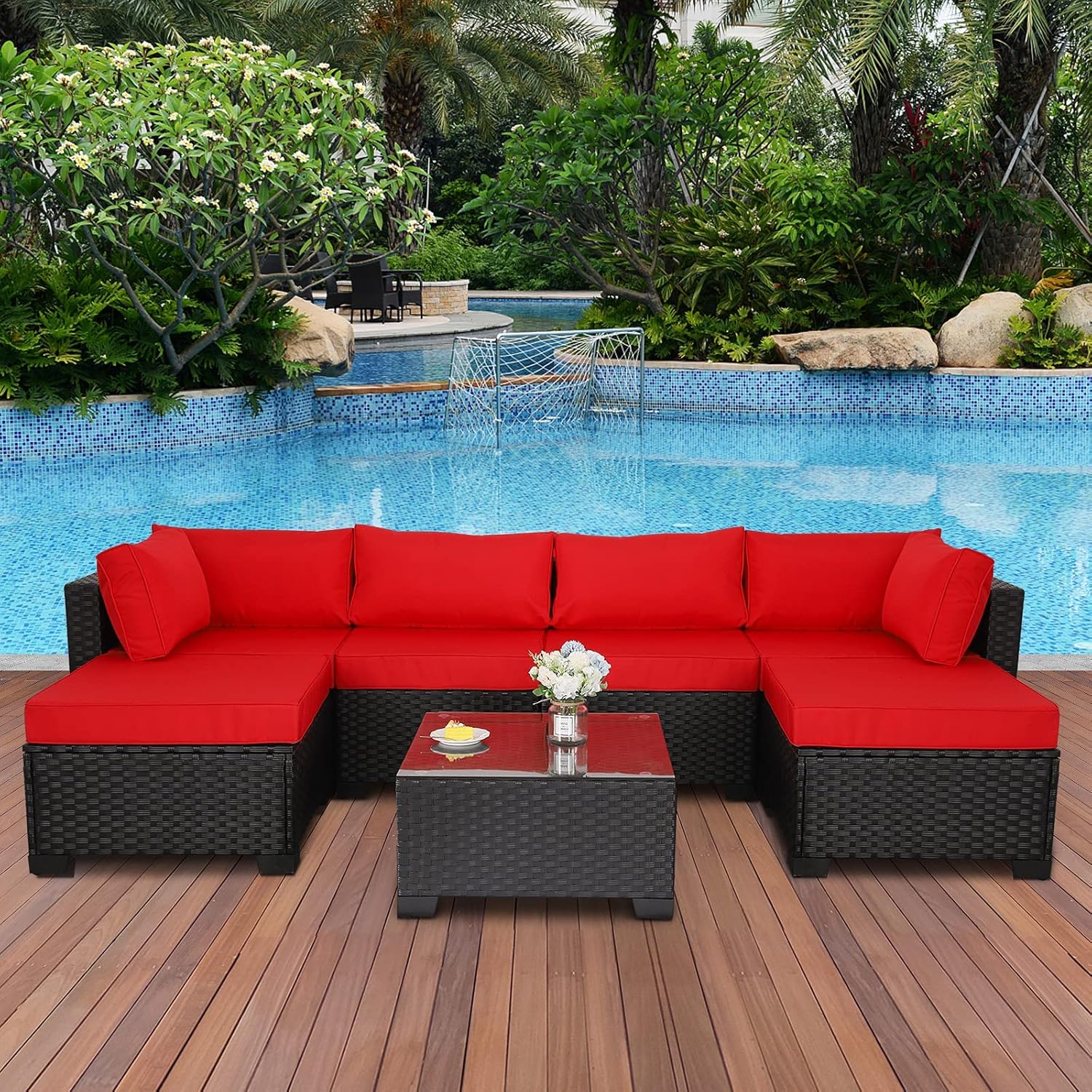 7 Pieces Outdoor PE Wicker Furniture Set Patio Rattan Sectional Conversation Sofa Set with Navy Blue Cushions and Glass Top Table : Patio, Lawn & Garden