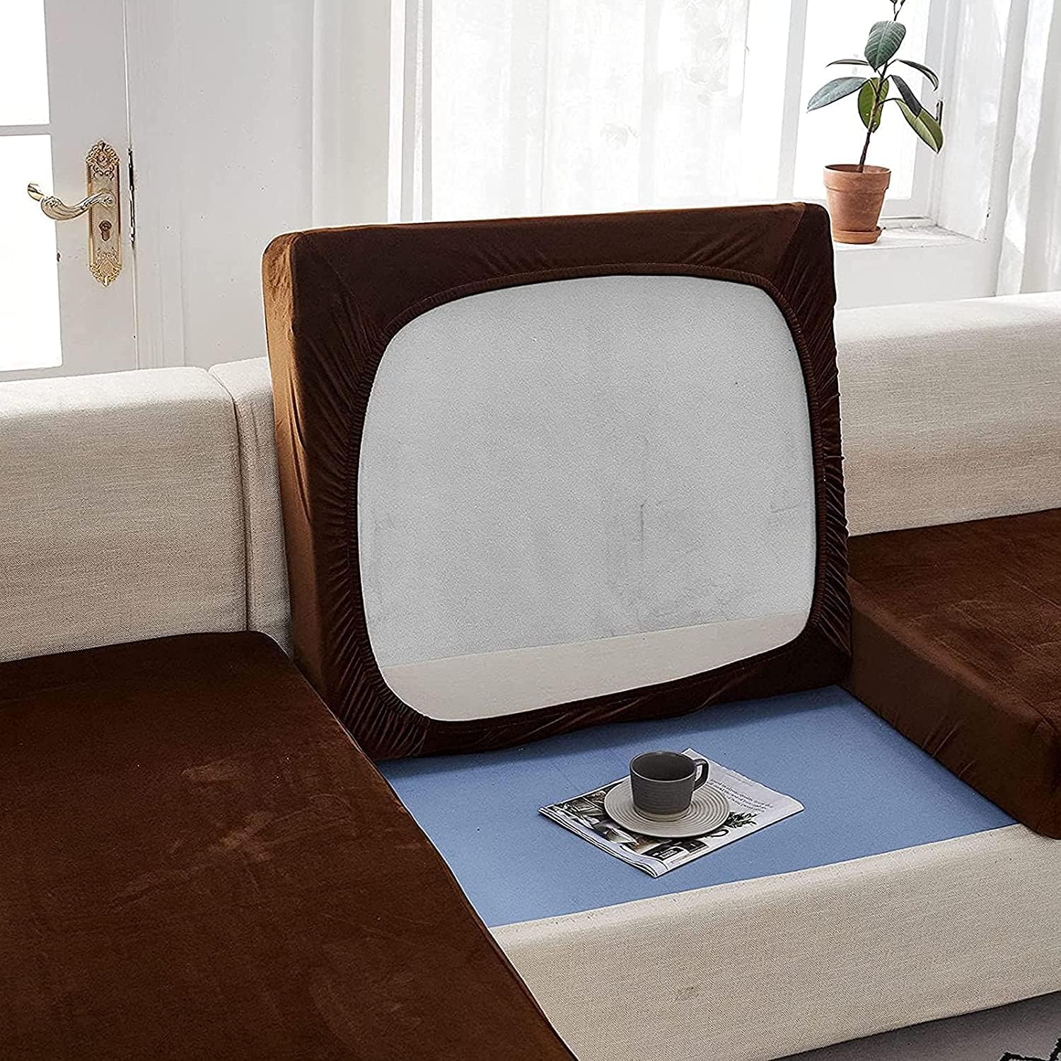 Velvet Couch Cushion Cover for L Shaped Sofa Chaise Longue, Stretch Seat Cushion Cover Sofa Slipcover for 1 2 3 Cushion Couch Soft Furniture Protector