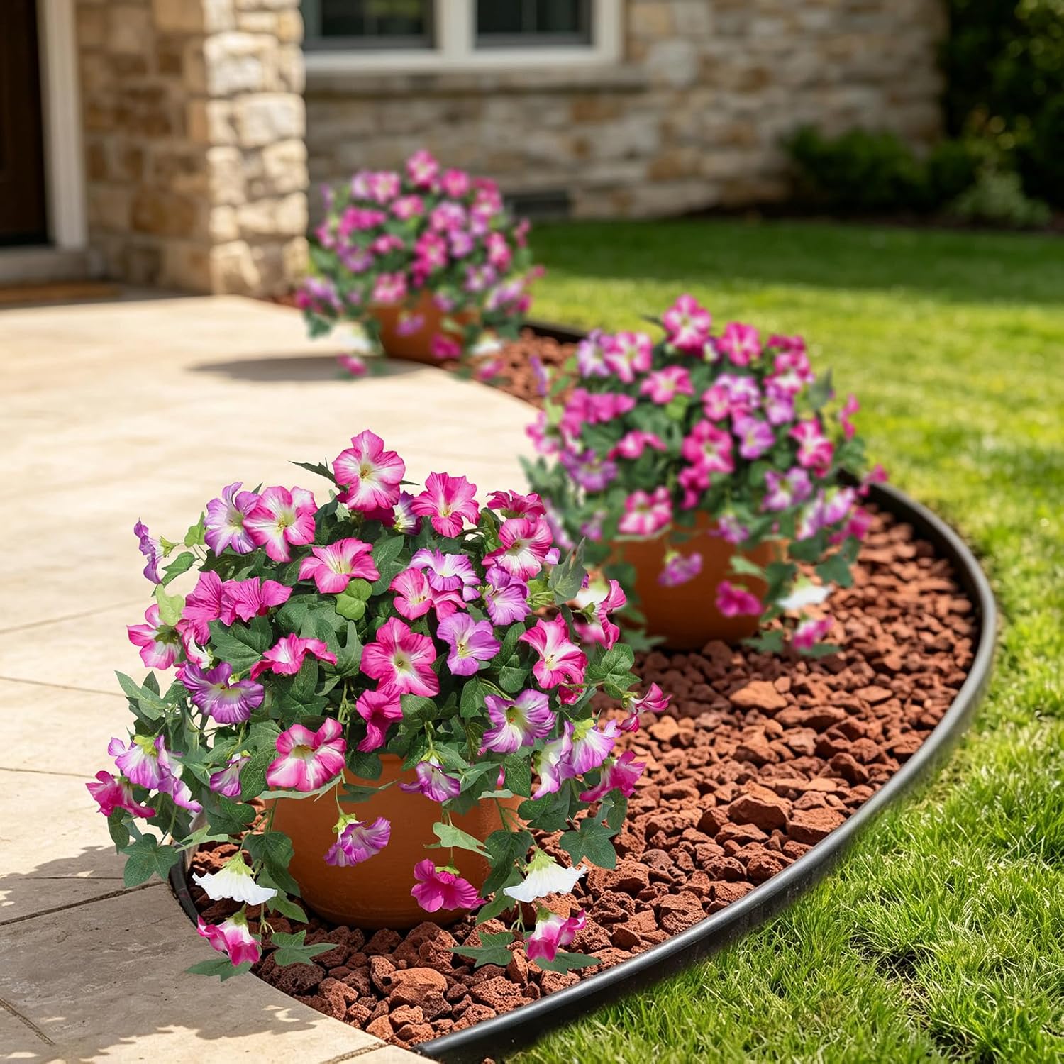 Artificial Fake Flowers Plants for Outdoor, 2PCS Fuchsia White | UV Resistant Silk Faux Petunias No Fade Summer for Outside Planter Front Door Porch Yard Patio Balcony Realistic Decoration