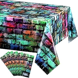 Colorful Brick Tablecloth 54 x 108 Inches Retro Brick Table Cover Graffiti Brick Table Cloth for 80s 90s Hip Hop Disco (6 Pcs)