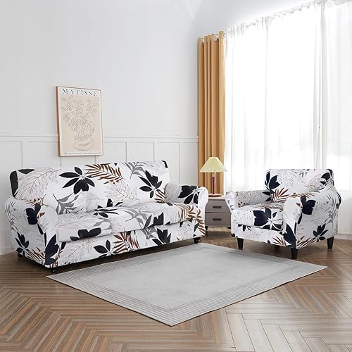 Miniatura 5 de SearchI - Funda de sofá elástica con estampado floral, 4 piezas, incluye 3 fundas de cojín independientes, protector lavable para muebles de sala de
