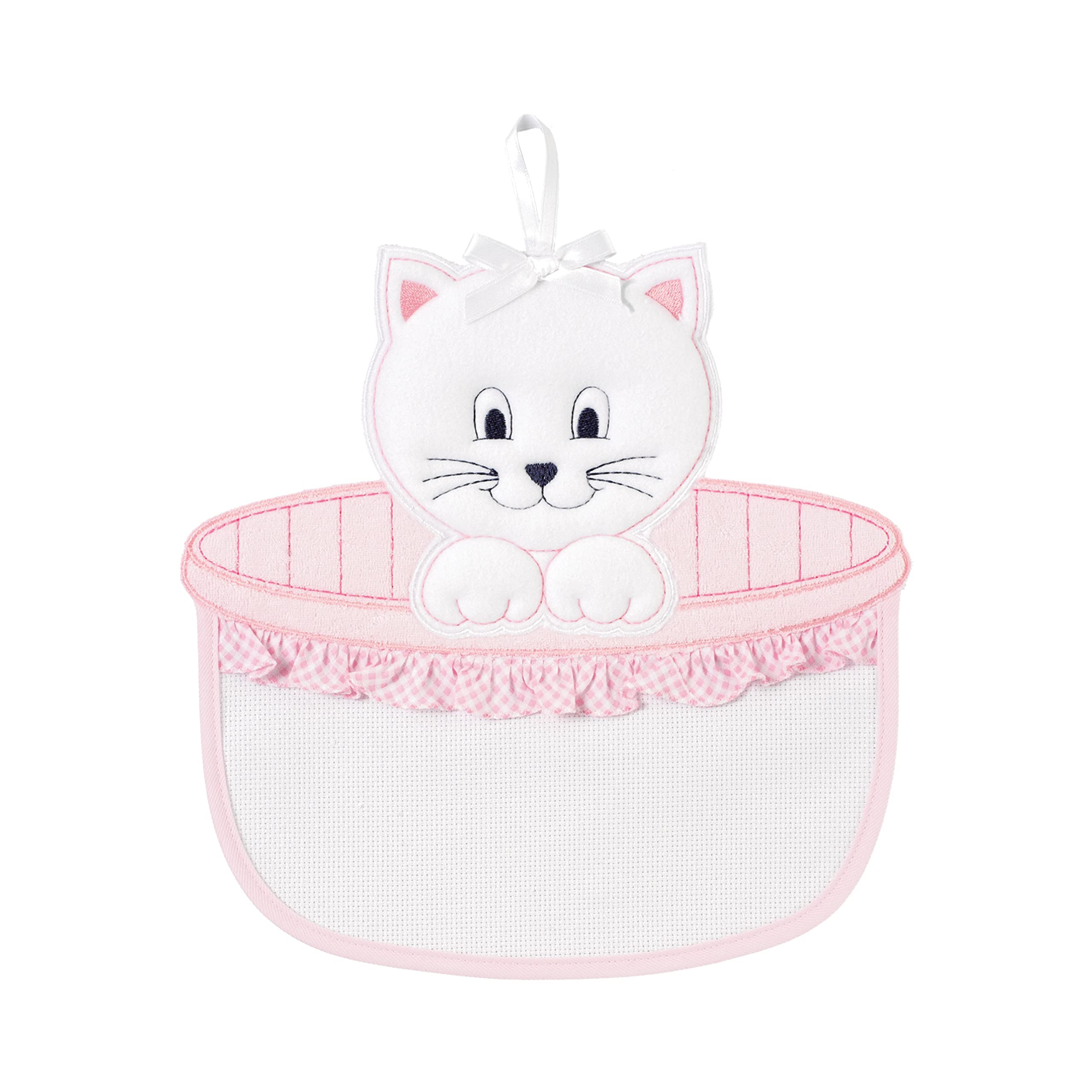 FILET - Kitten Birth Ribbon - Aida Canvas Basket for Embroidery, Ideal for Hanging to Announce the Birth of a Girl, 100% Made in Italy, Pink and White