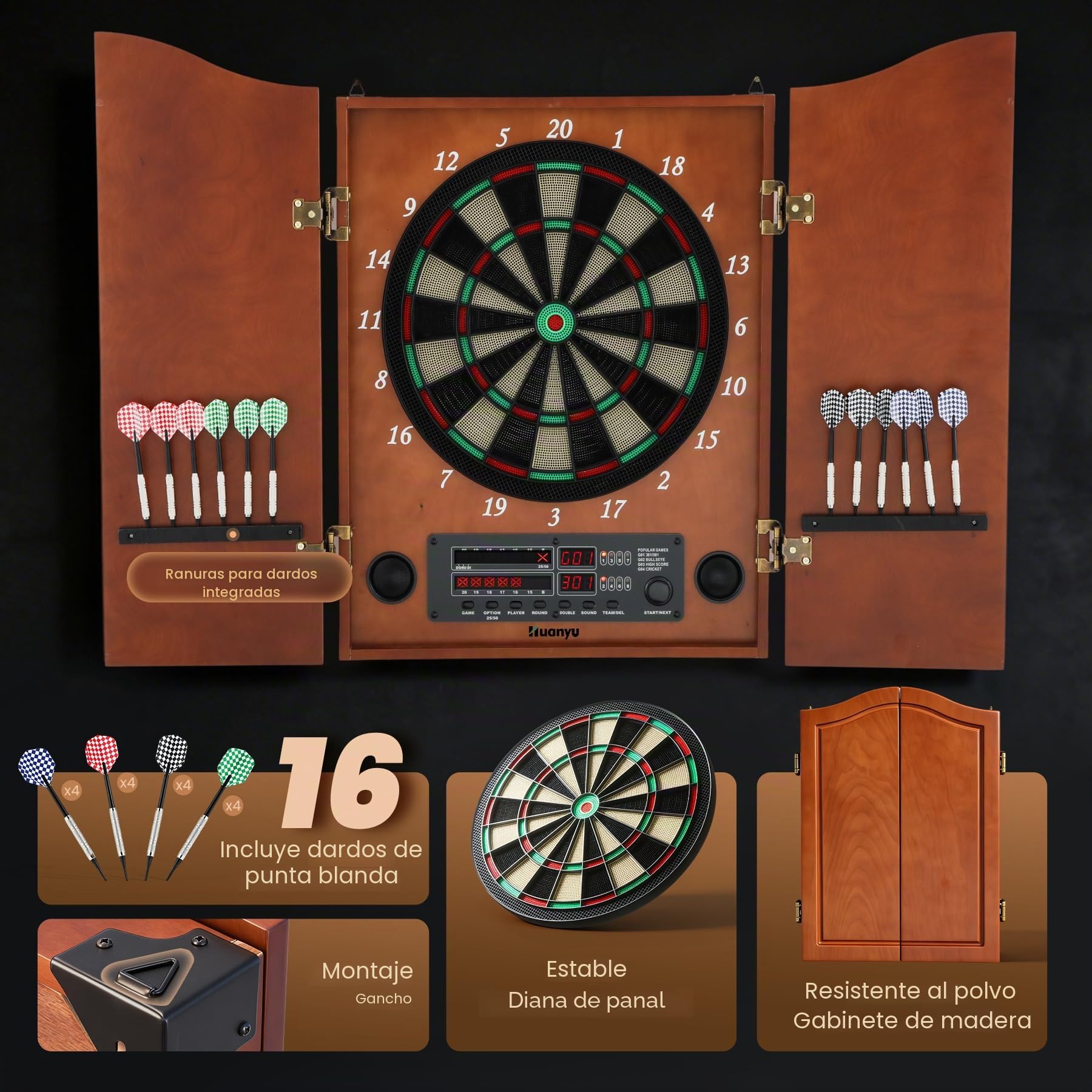 Huanyu Diana electrónica Juego de Diana LED con Armario para Adultos con 12 Dardos de Punta Blanda para hasta 8 Jugadores, 25 Juegos, Ideal para Salas de Juegos Familiares y Bares