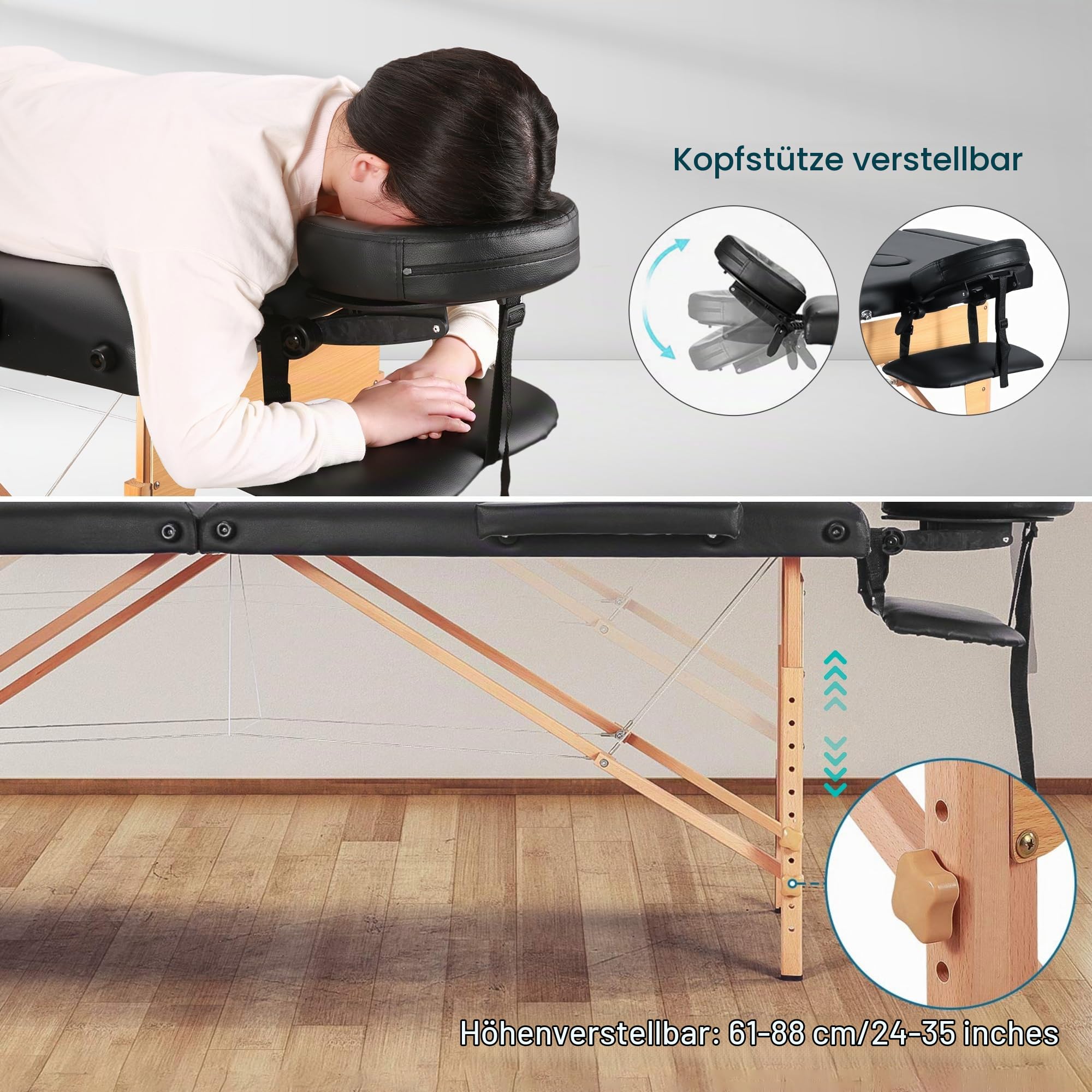 BODIOO Massageliege klappbar Mobile Massagetisch mit Holzfüßen 2-Zonen höhenverstellbar Tragebares Massagebett inkl. Kopfstütze & Armlehnen bis 250 kg Belastbar-Schwarz