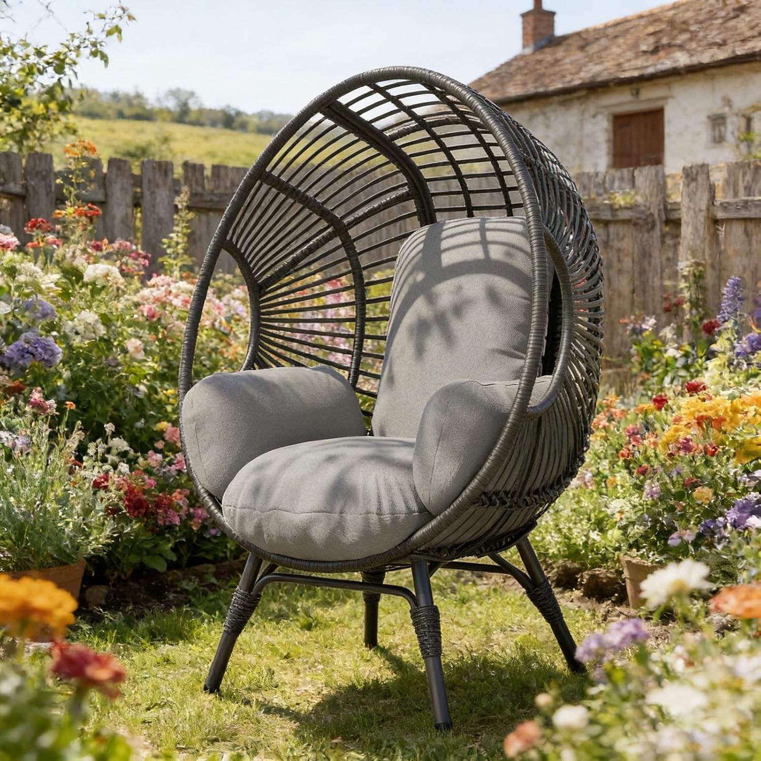 Wicker Chair Egg Shape, 400lbs Capacity, 8-Inch Cushion, Indoor Outdoor Balcony Chairs(Black+Gray)