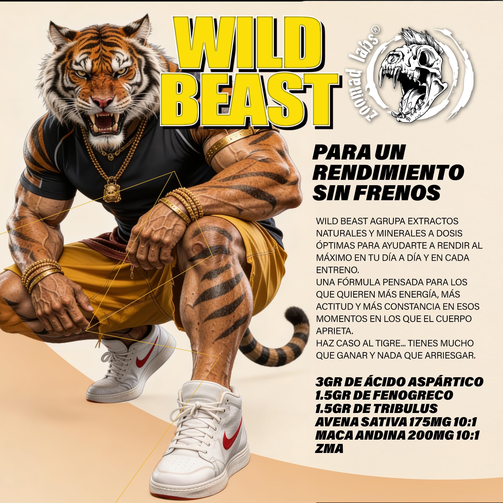 Zoomad Labs Wild Beast | Booster Testosterona Hombre | Tribulus Terrestris + Fenogreco + Maca | Potenciador Natural | Energía y Masa Muscular | 240 Cápsulas 30 Servicios