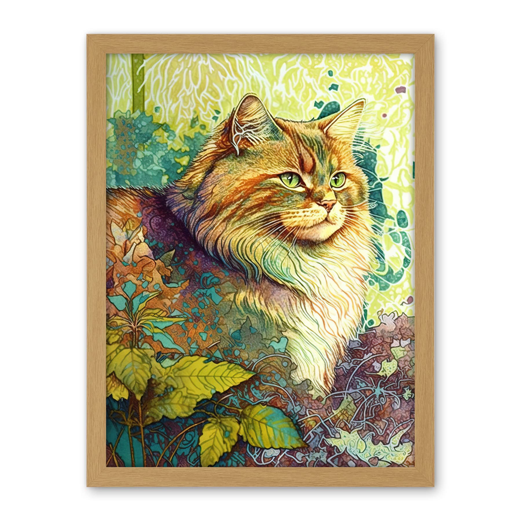 Artery8 Siberian Cat in Nature Vibrant Colourful Modern Portrait Illustration Artwork Framed Wall Art Print 18X24 Inch
