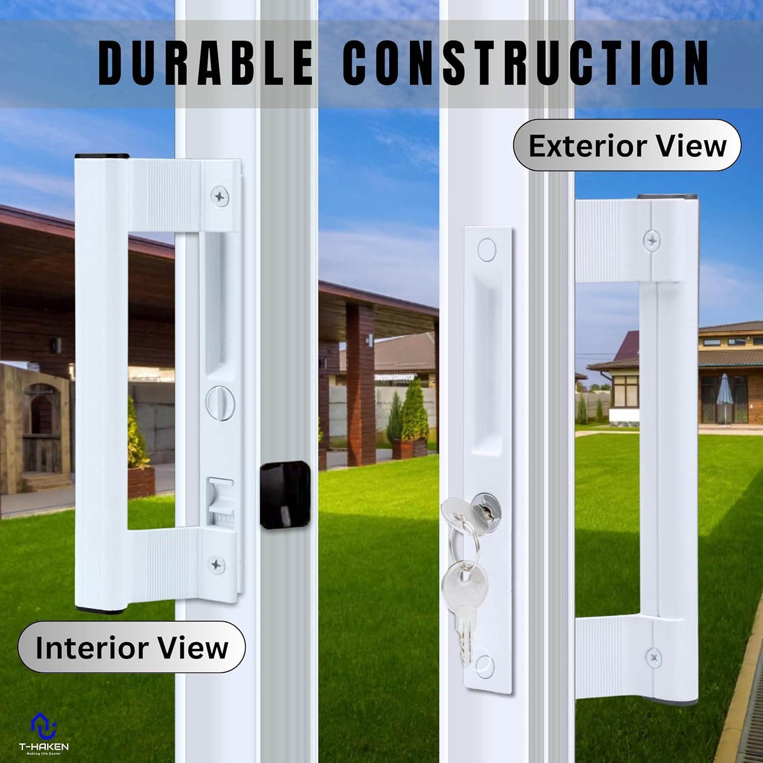 Sliding Glass Door Handle Set with Lock – Aluminum Handle, Fits 6-5/8 in. Hole Spacing (White)
