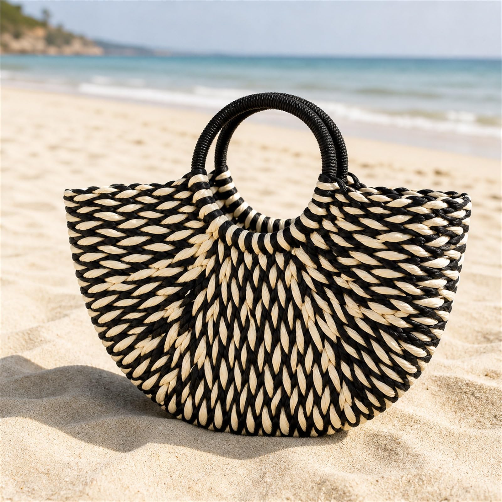 Sac De Plages en Paille,Panier De Plages en Osier,Panier De Plages en Paille,Sac Cabas en Paille,Sac De Shopping Tressé,Sac De Plages en Paille pour Femme Grande Capacité