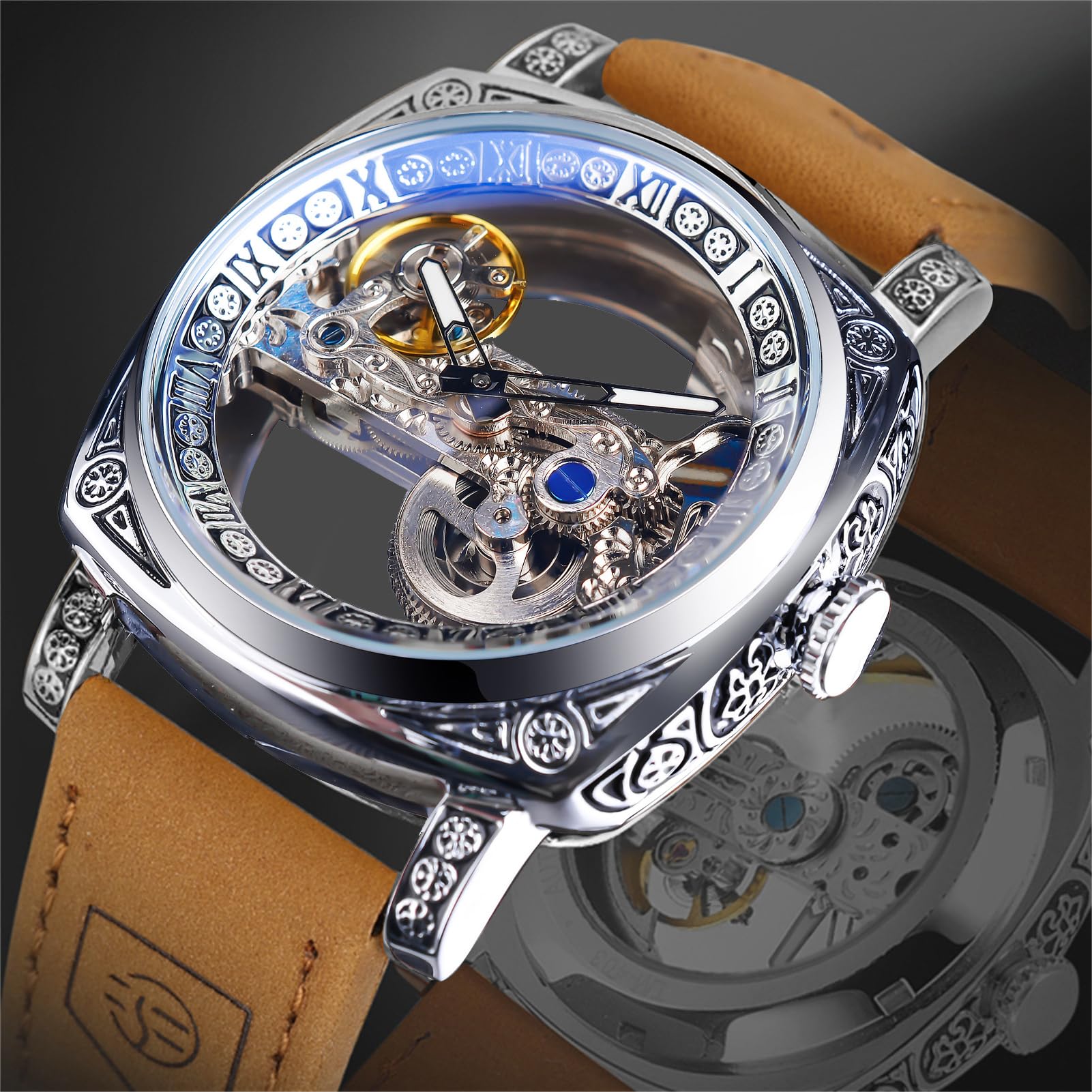 Herren-Armbanduhr, klassisch, modisch, transparent, quadratisches Zifferblatt, Skelett, mechanische Armbanduhr, Lederband, leger, Automatikuhren, leuchtend, wasserdicht