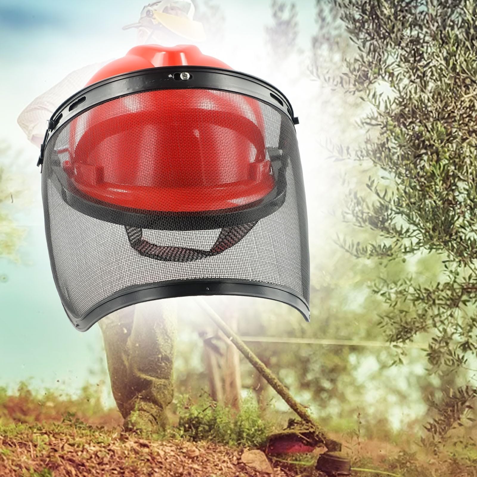 Casque de sécurité pour tronçonneuse, Protection de Casque de Protection pour tronçonneuse - Visière en Maille pour tronçonneuse, Tondeuse à Gazon, débroussailleuse, Rouge + Noir