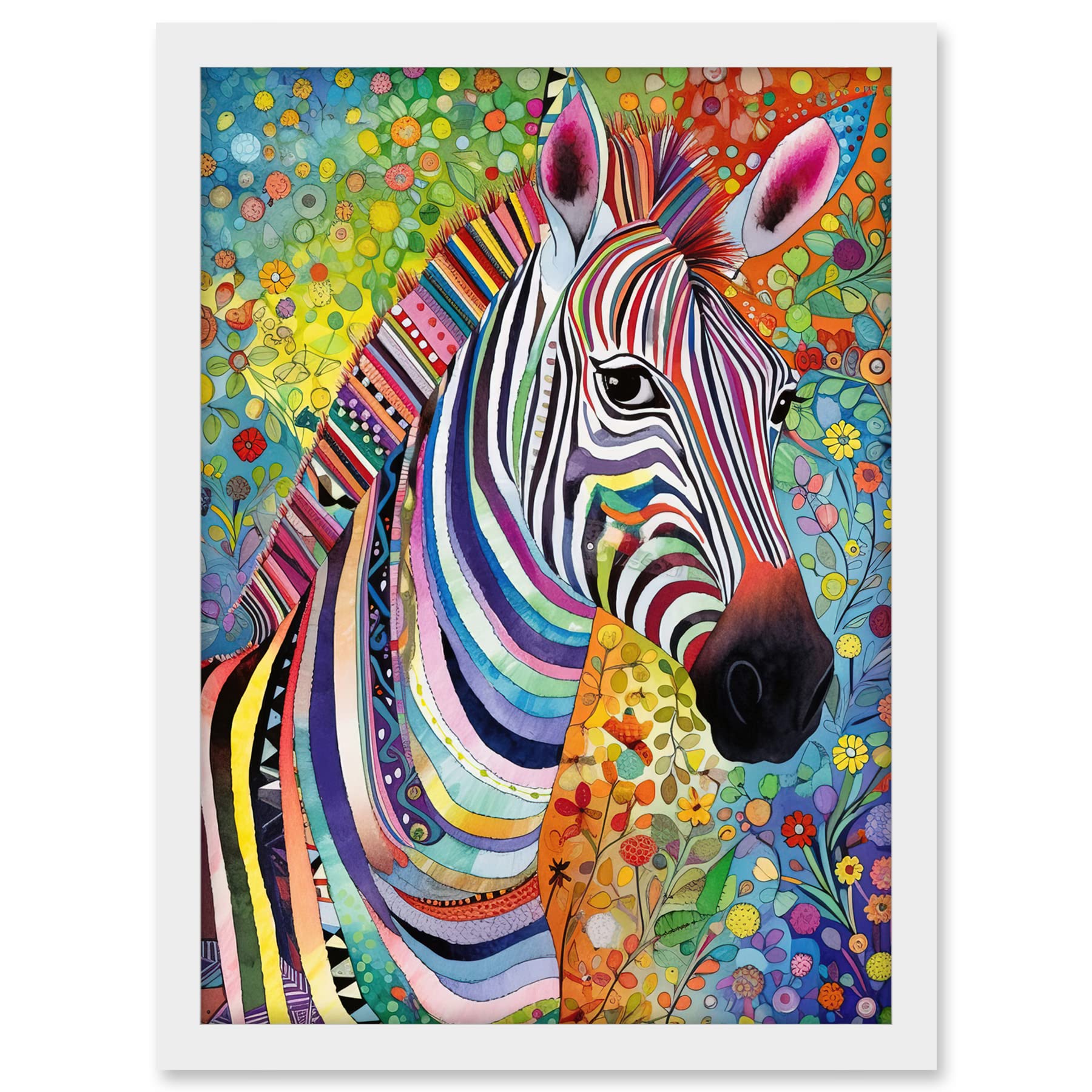 Artery8 Folk Art Zebra Colourful Flower Boho Artwork Framed A3 Wall Art Print