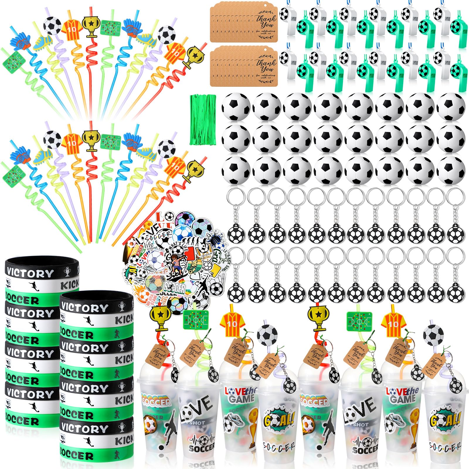Weysat 268 Pcs Soccer Party Favors Sets for 24 People Birthday Gifts Goody Cups with Straws Key Chains Whistles Silicone Wristbands Stickers Thank You Tags for Party Supplies ( Soccer)