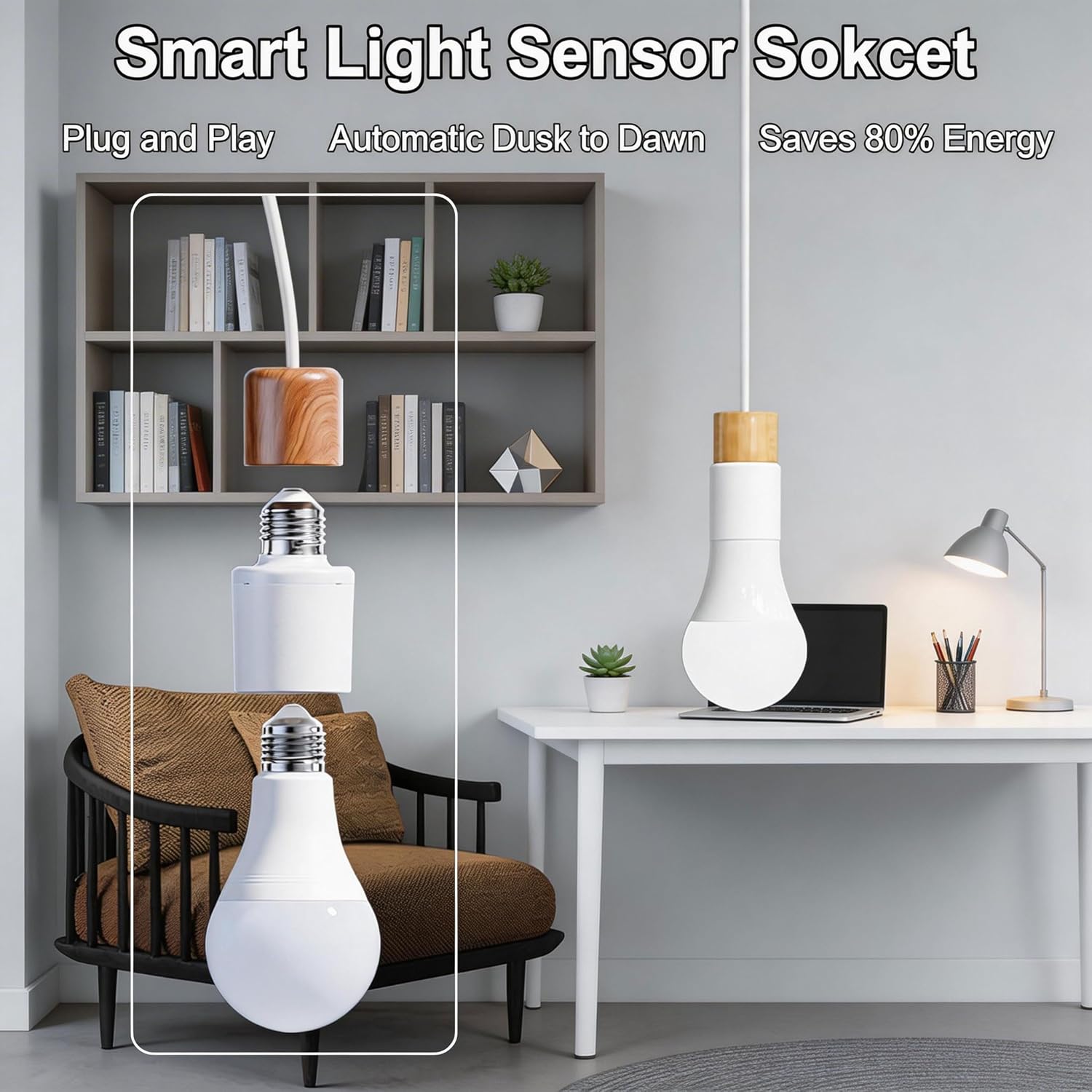 Motion Sensor Light Socket, Auto On/Off Smart Light Socket Adapter for E26/E27 Bulbs, Screw-in Motion-Activated Lamp Holder for Garage, Porch, Yard