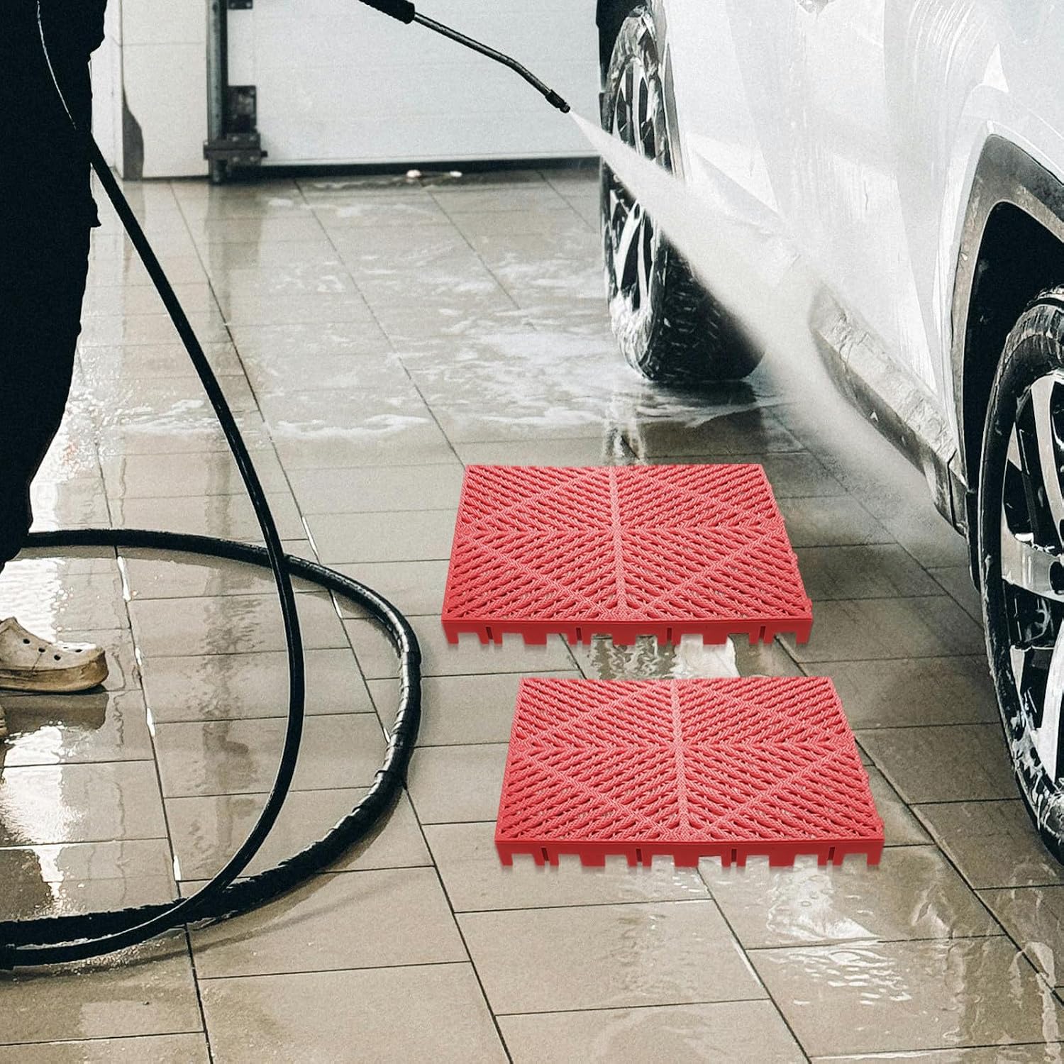 2pcs Red Interlocking Garage Drainage Floor Grates Tiles for Workshop and Car Wash Area, Plastic Anti-Slip Drain Floor Mats Suitable for Outdoor Garage and 4s Shop Use