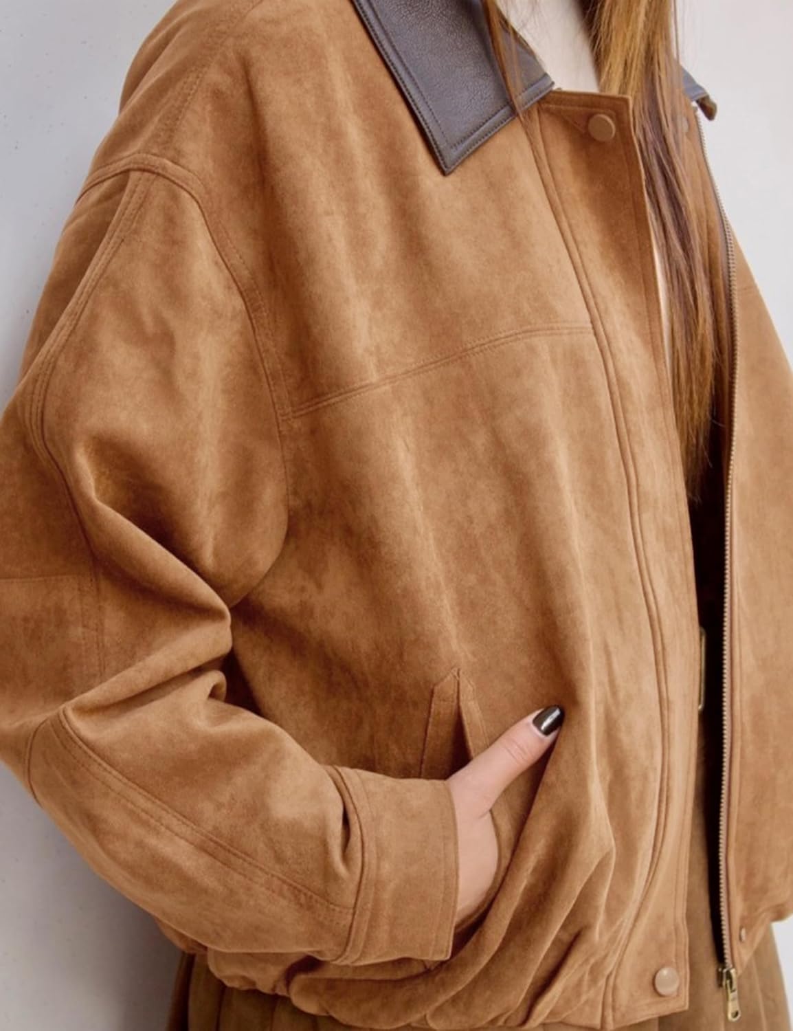 Womens Faux Suede Bomber Jacket Casual Lapel Pilot Cropped Jackets Oversized Motorc... - Image 3