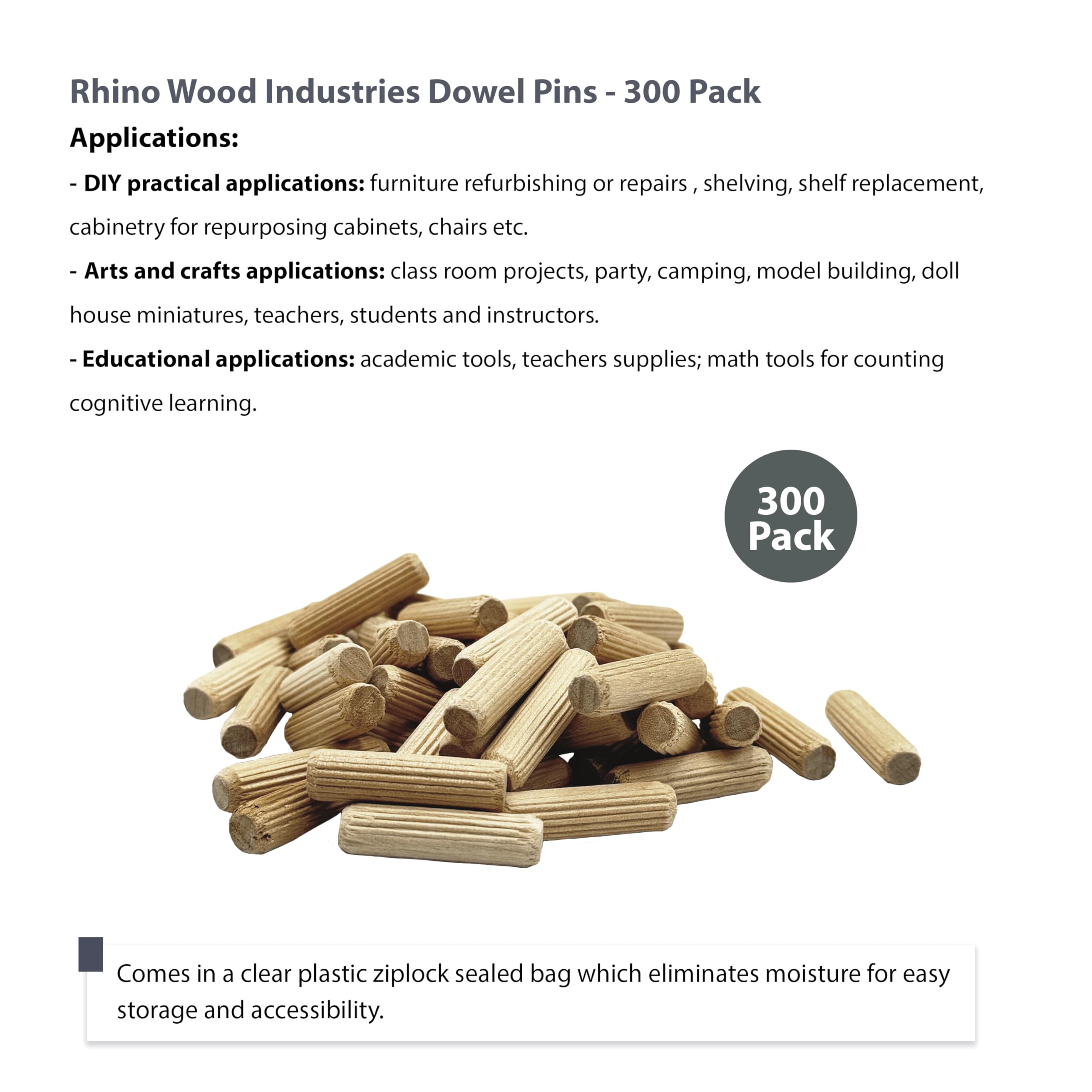 Rhino Wood Industries - 5/16" x 1 3/16" - 300 Pack Wooden Dowel Pins - Kiln Dried, Fluted, and Beveled (5/16" x 1 3/16", 300pk) 2