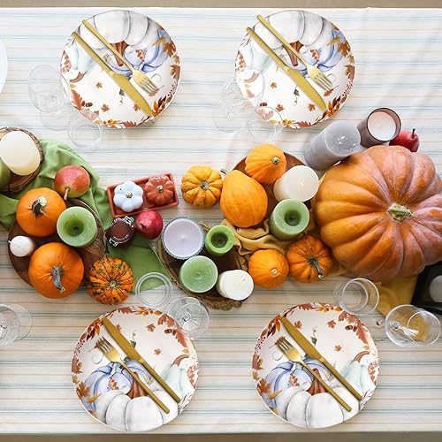 Miniatura 5 de Uiifan Juego de 4 platos de otoño de cerámica para ensalada, calabazas de otoño, decoración de galletas, 7.87 pulgadas, cosecha de Acción de