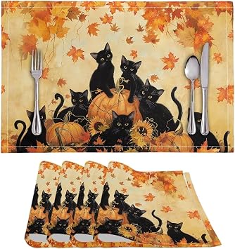 Fall Placemats Set of 4 Thanksgiving Pumpkin Autumn Farmhouse Rustic Seasonal Place Mat Cat Washable Wipeable Table Mat for Party Maple Leaf Kitchen Dining Home Decor