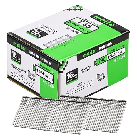 meite 16 Gauge Finish Nails 1-3/4 Inch Galvanized Straight Finishing Nails for Finish Nailer on Woodworking, Upholstery and Framing Projects, 1 Box/2,500PCS