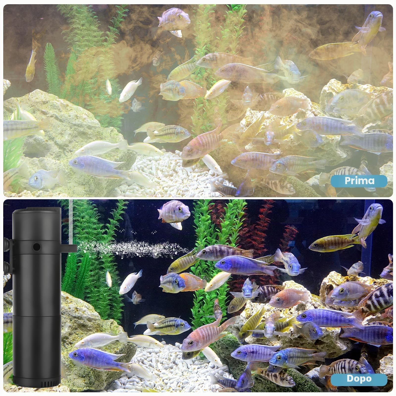 Filtro Interno per acquari da 300-500L, Filtro per acquari Regolabile da 25W 1800L/H con Doppia Uscita dell'Acqua e aerazione