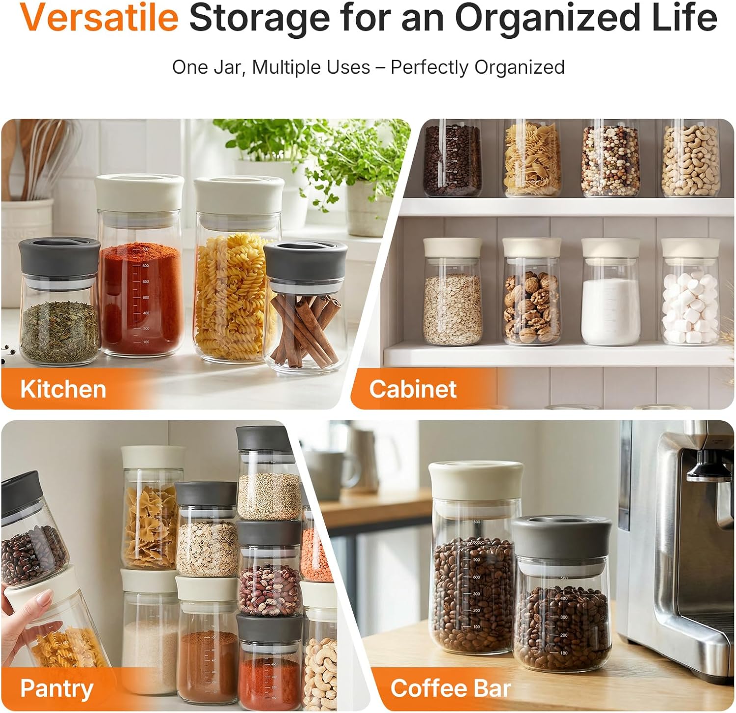 Upgraded Rotary Airtight Glass Jar with Lid, Borosilicate Coffee Storage Container, 800ml/27oz Stackable Pantry Organizer for Coffee Beans Grounds, Pasta, Flour, Nuts, Sugar, Candy, Snack